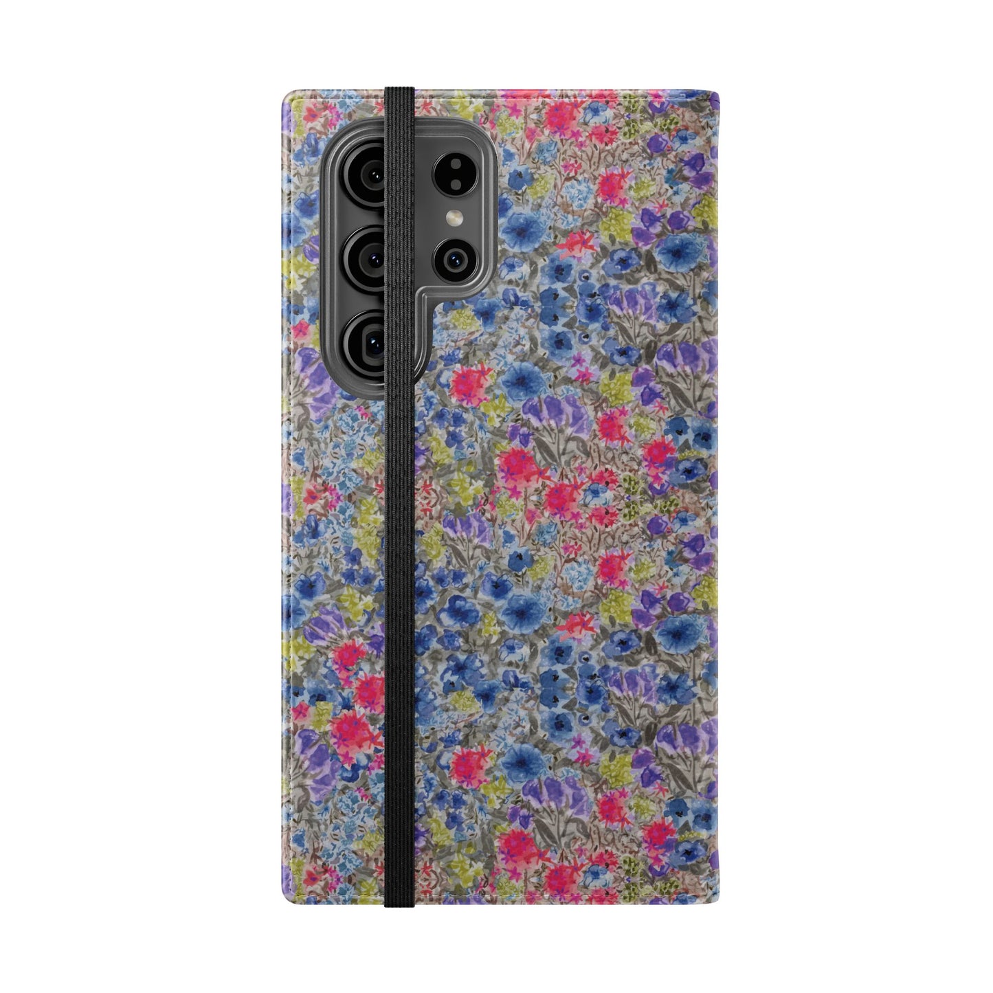 Blue wildflower floral flip phone case with watercolor botanical pattern.