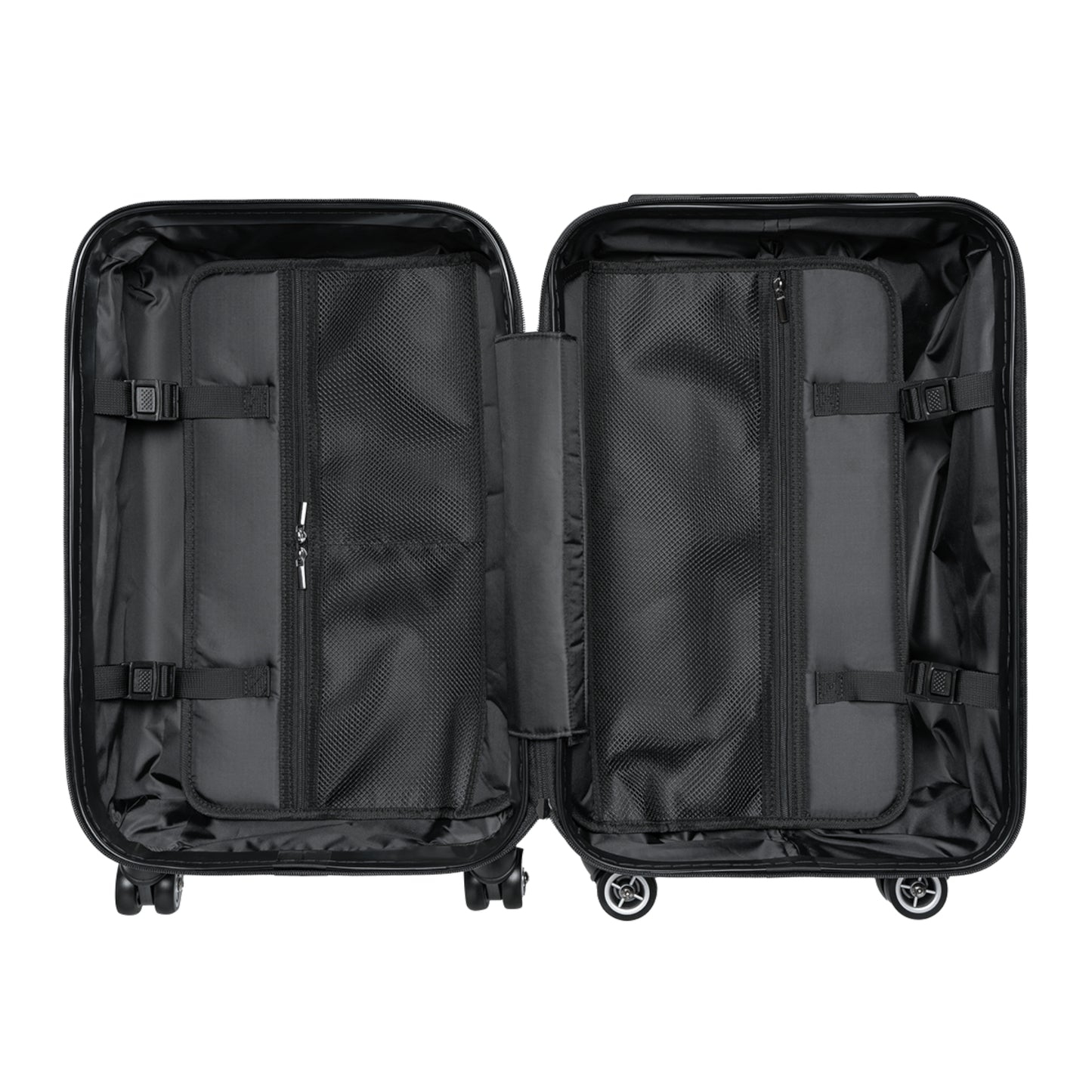 Black interior of open suitcase on a white background