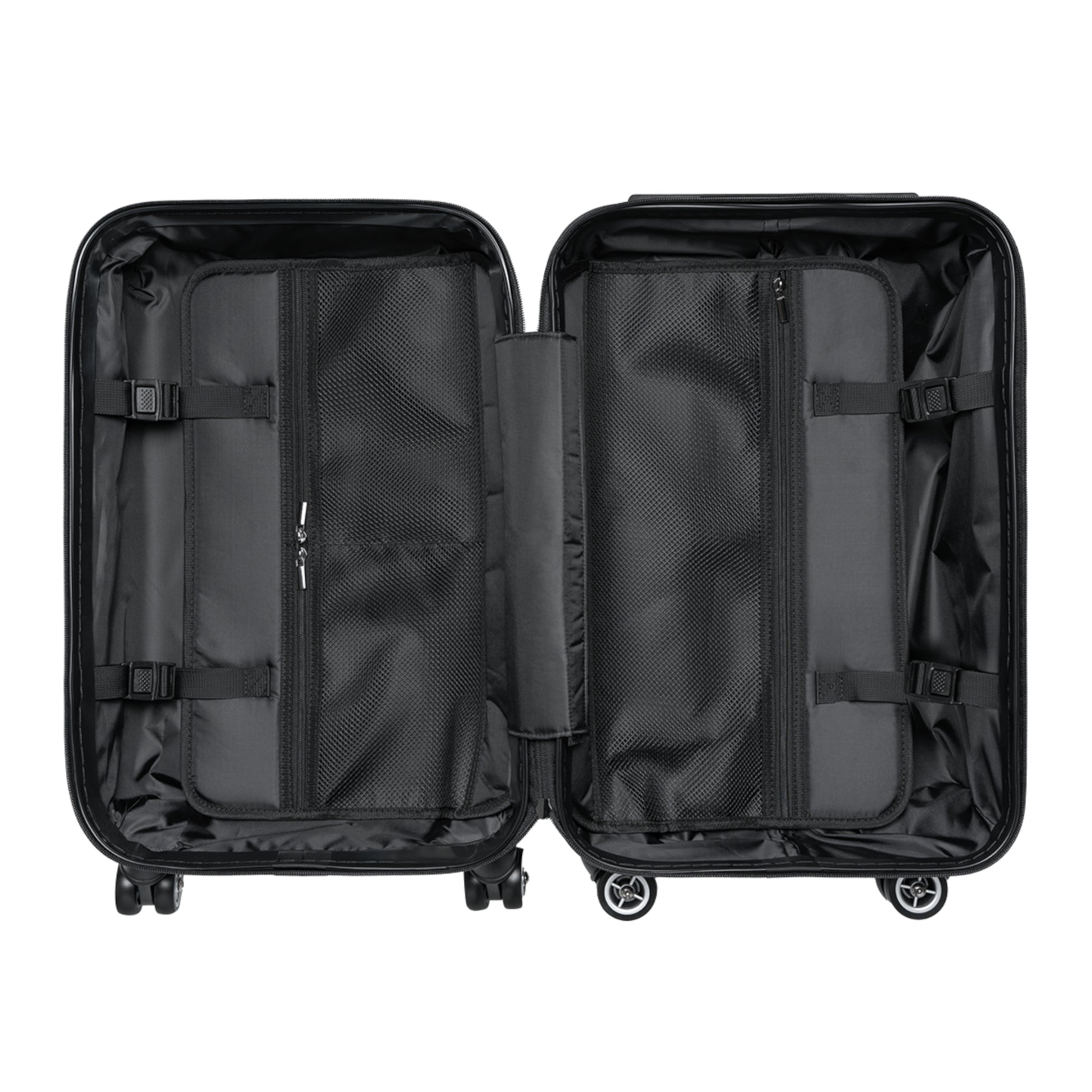 Black interior of open suitcase on a white background