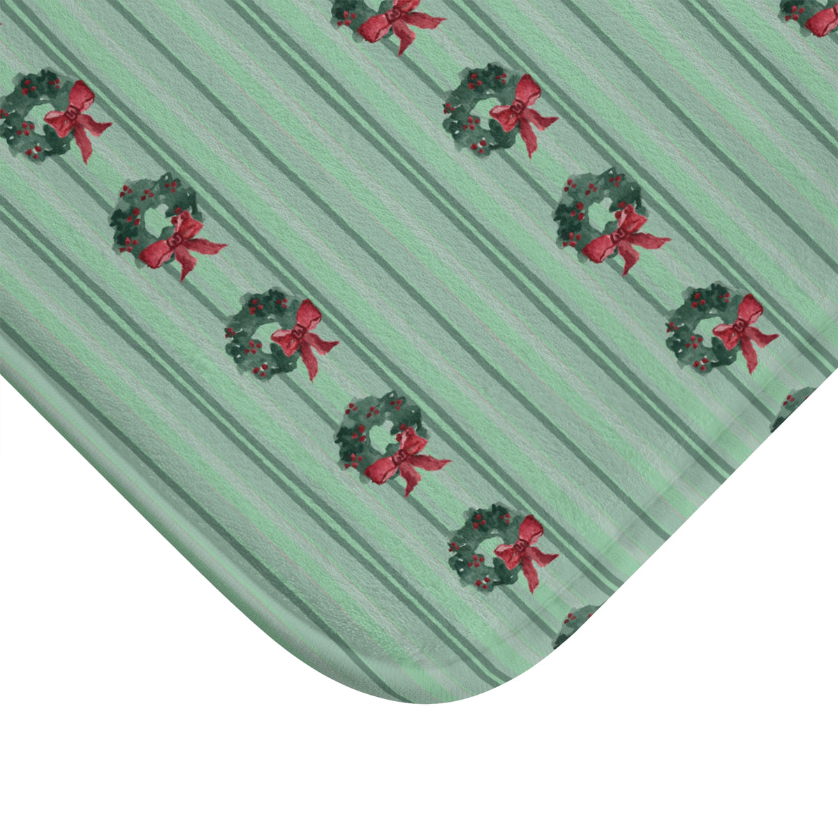 Christmas Wreath Watercolor Memory Foam Bath Mat — close-up of the pattern