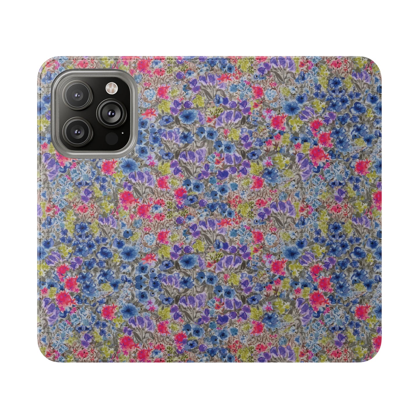 Blue watercolor wildflower wallet phone case featuring vibrant floral meadow artwork with pink and purple blossoms.