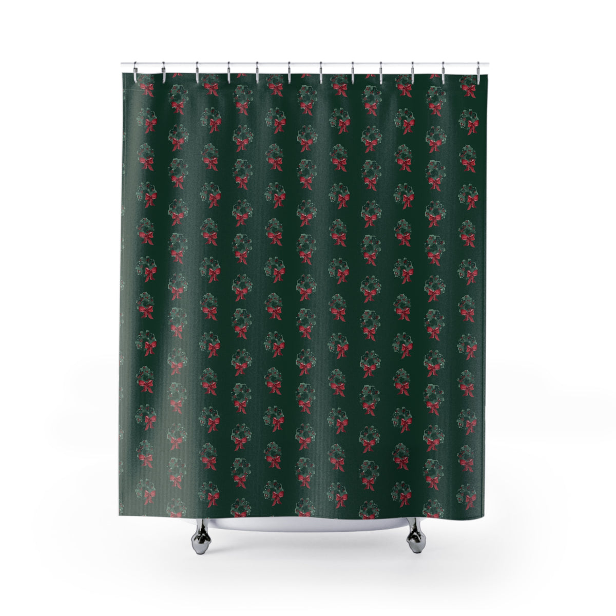 Shower curtain with hand-painted evergreen wreaths and red bows on dark green