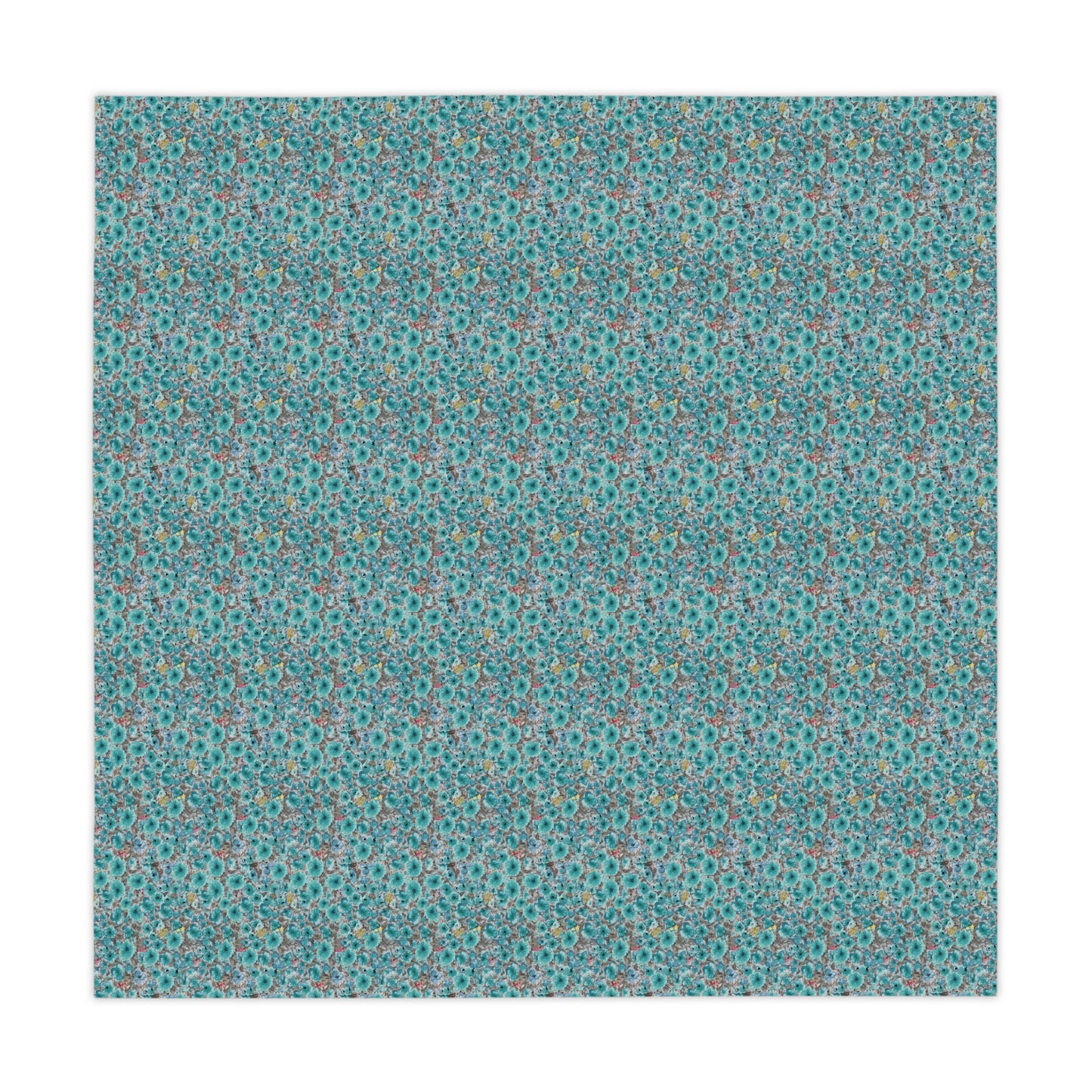 loral tablecloth with dark teal poppy field design and layered botanical texture