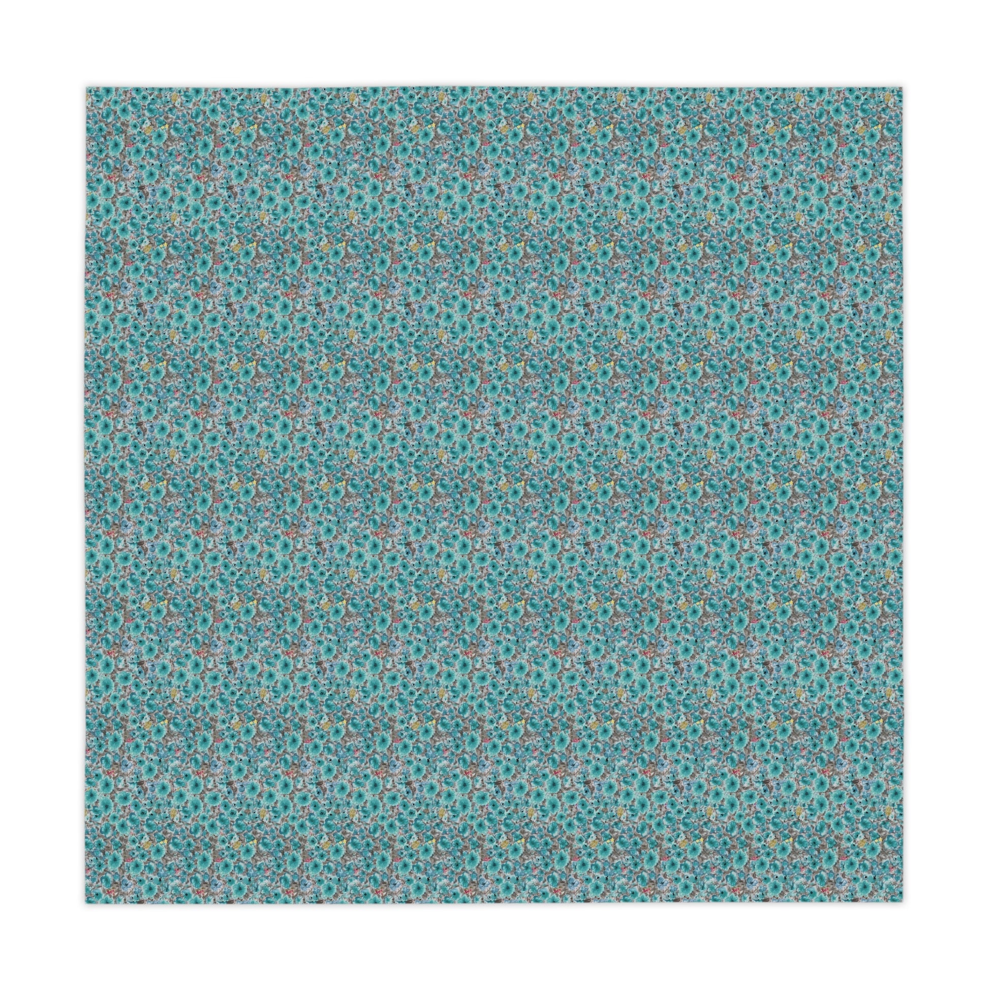 loral tablecloth with dark teal poppy field design and layered botanical texture