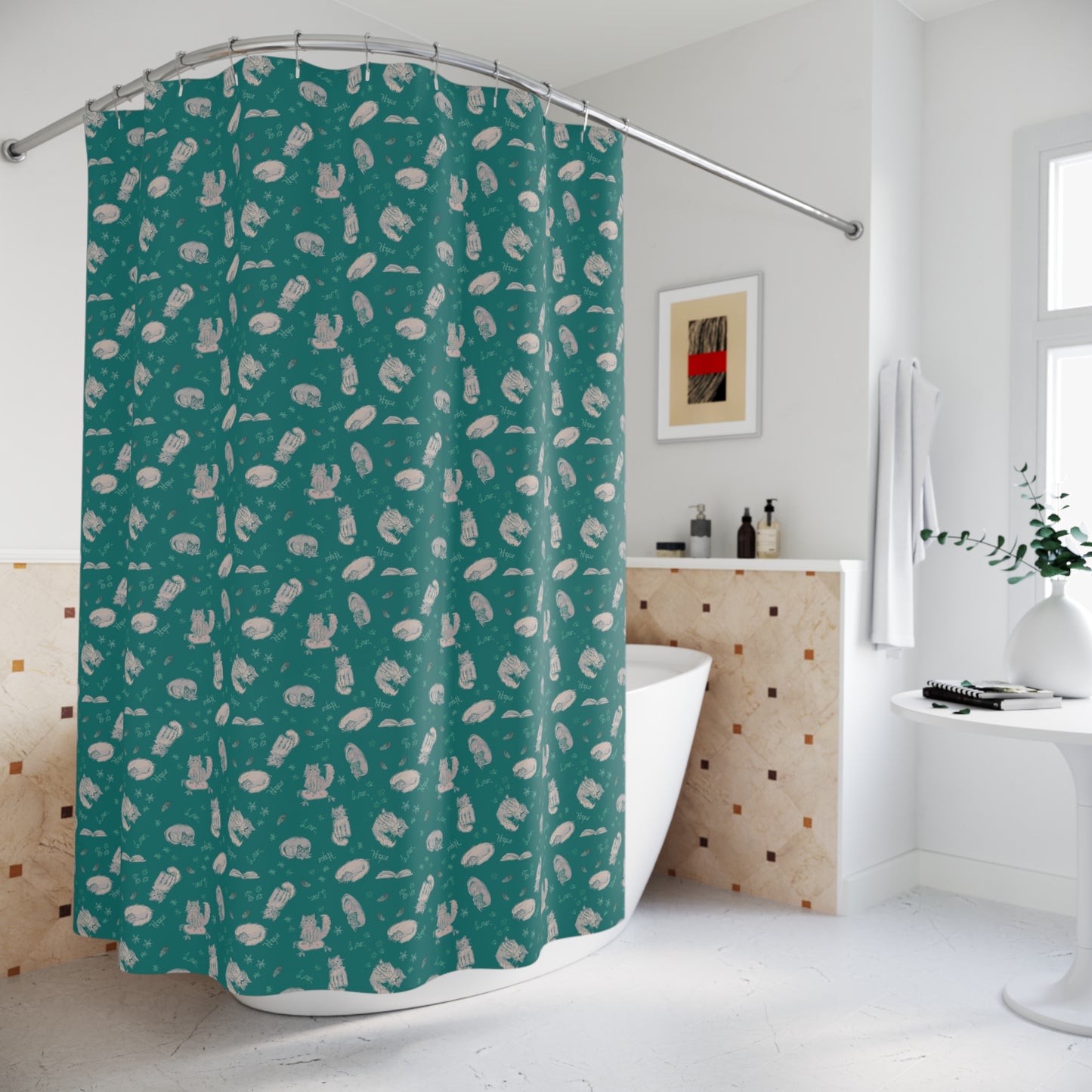 Teal cat-themed shower curtain featuring a cozy repeating pattern of sleeping and fluffy cats, books, stars, leaves, and handwritten details in soft cream on a rich jewel-toned background, perfect for cozy cat lover bathroom décor.