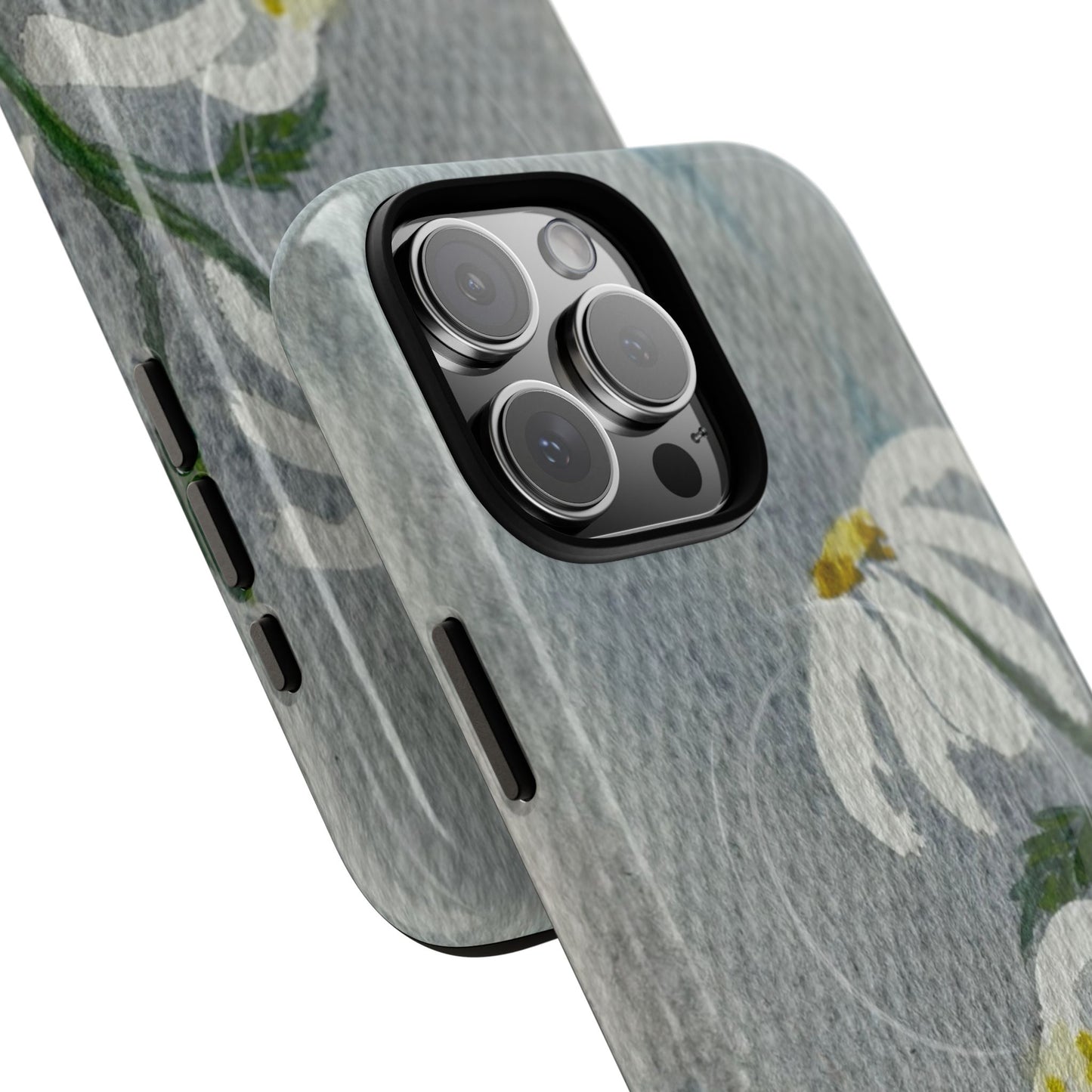 Phone case with floral design on a light gray background