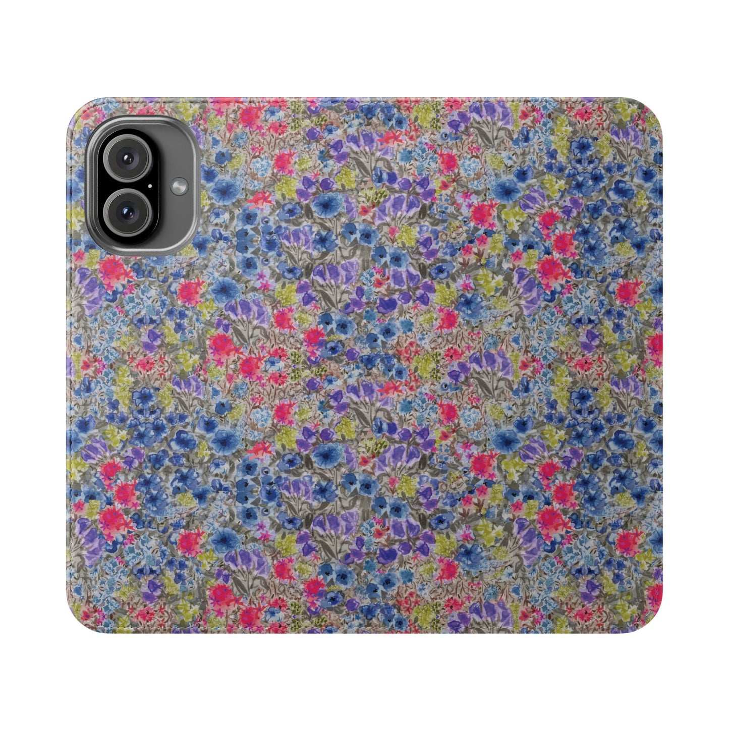 Blue watercolor wildflower wallet phone case featuring vibrant floral meadow artwork with pink and purple blossoms.