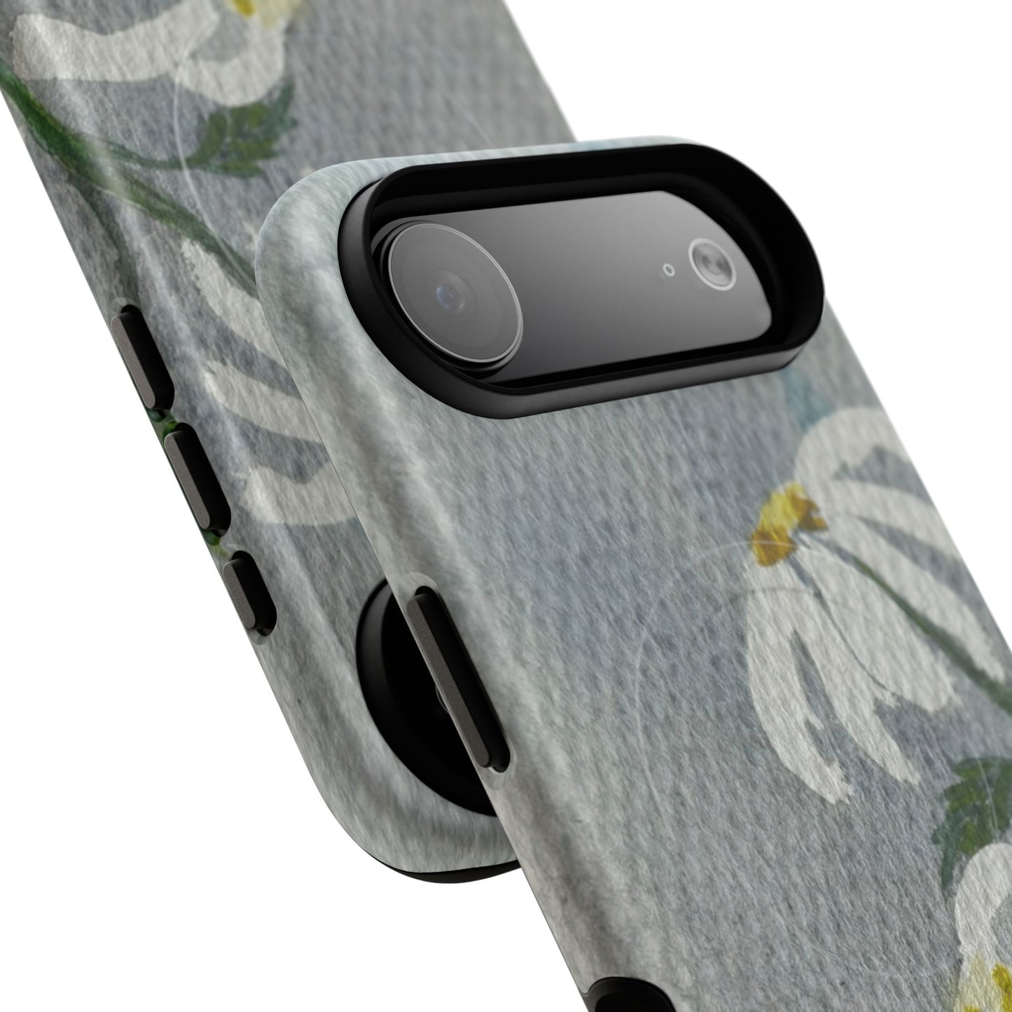 Phone case with floral design on a gray background