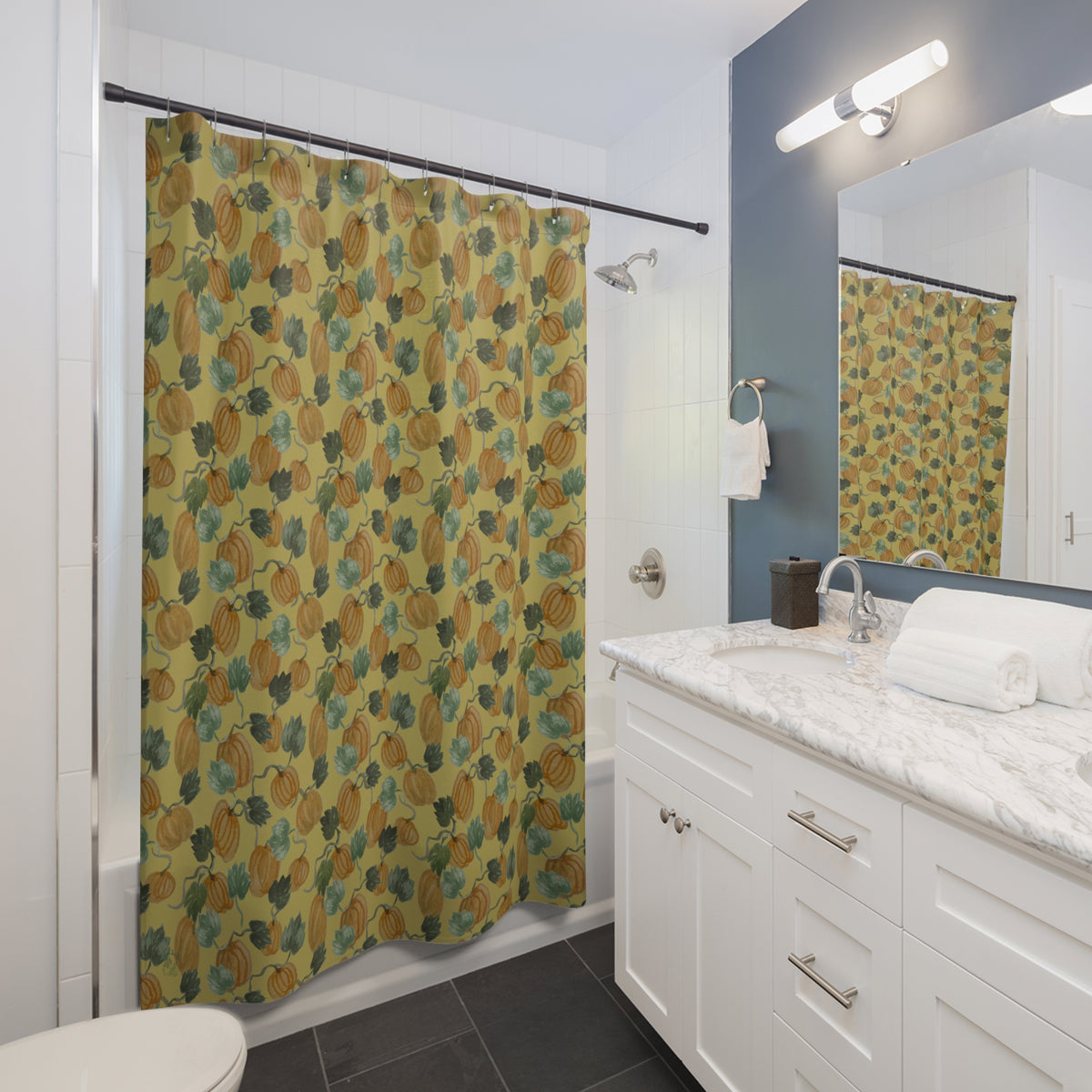 Autumn Pumpkin Vine Watercolor Shower Curtain – Ocher — in a bathroom