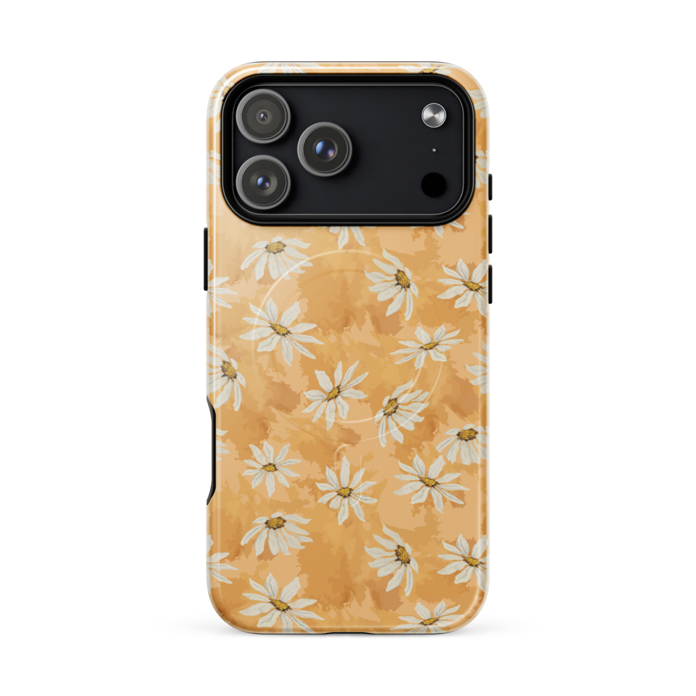 Phone case with white floral pattern on a beige background