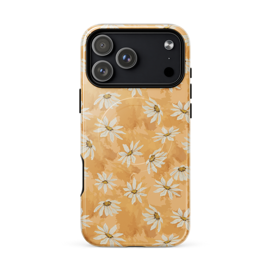 Phone case with white floral pattern on a beige background