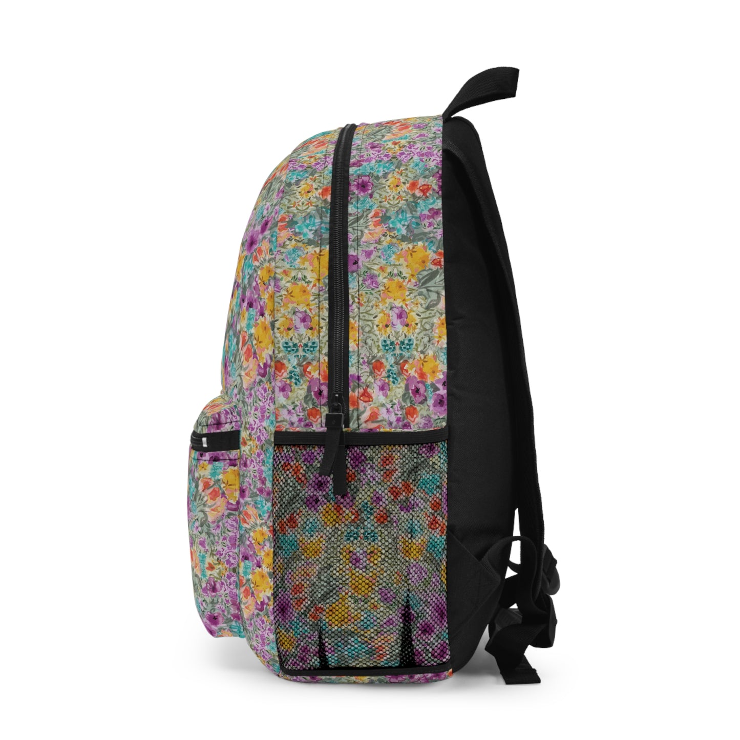 Meadow Blooms in Violets golds oranges and teals-patterned backpack side view on a white background