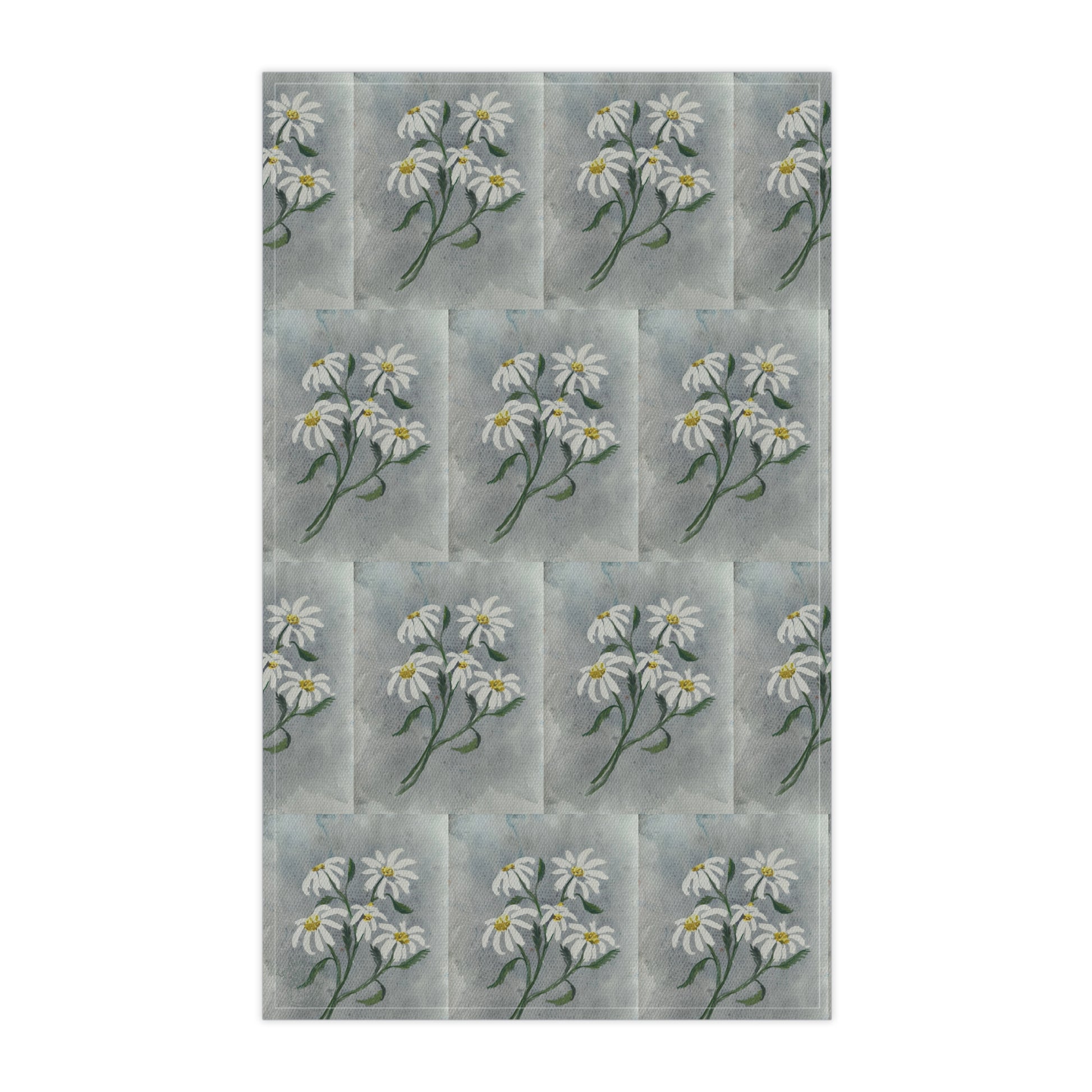Pattern of white flowers with green stems on a gray background