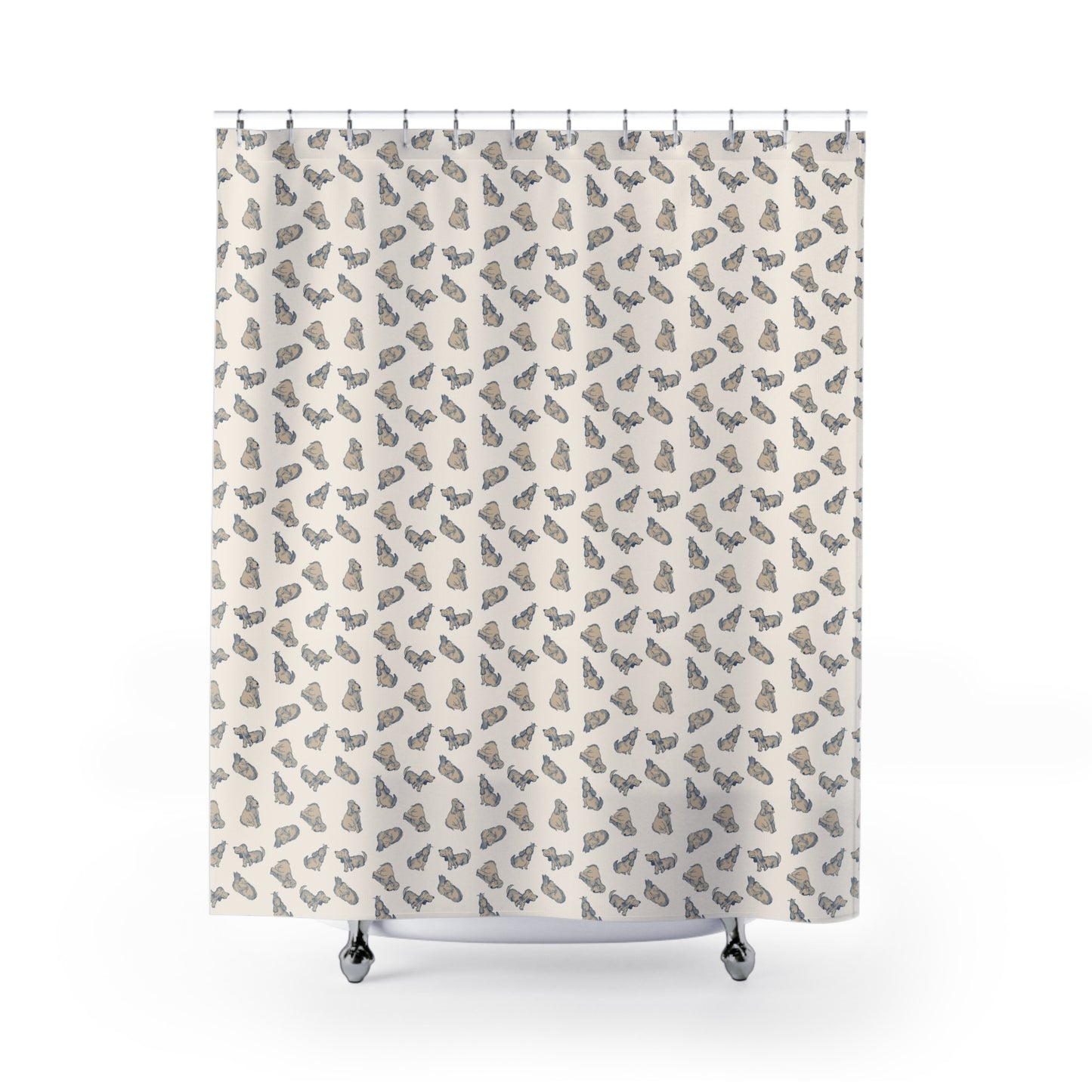 Shower curtain with a pattern of small Watercolor painted dogs on a beige background