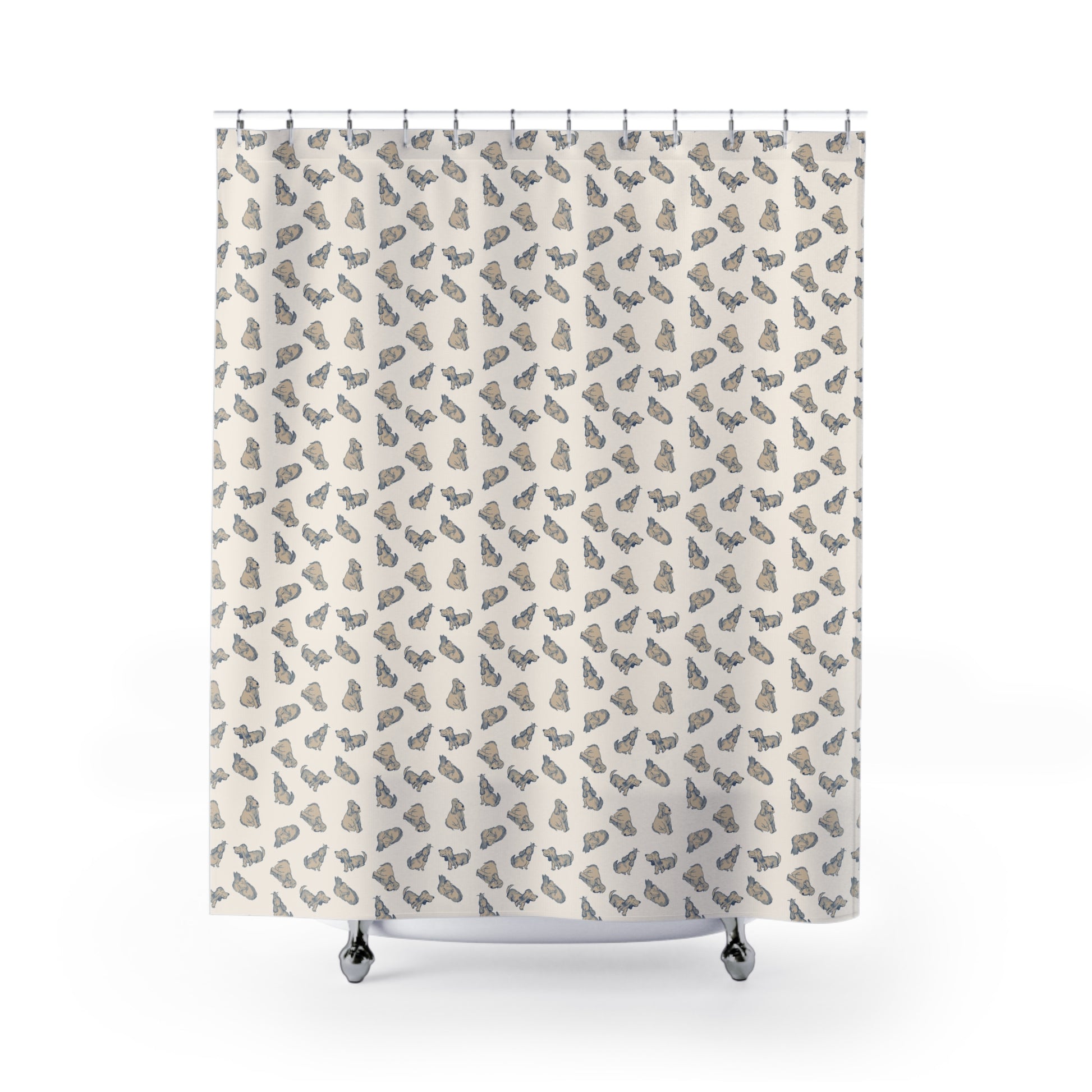 Shower curtain with a pattern of small Watercolor painted dogs on a beige background