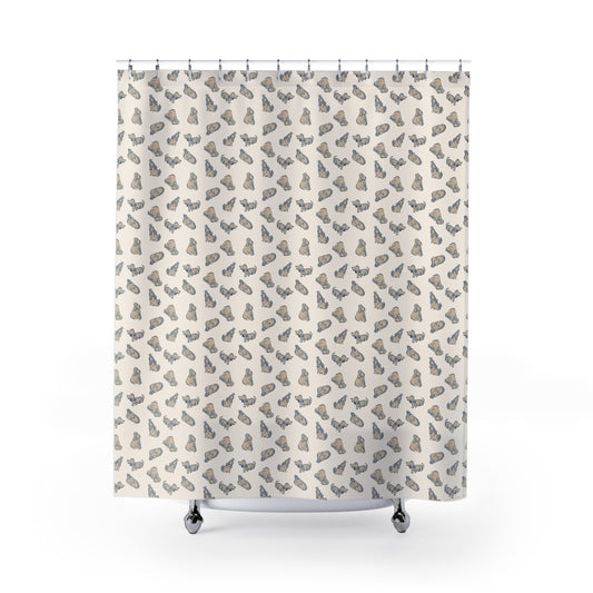 Shower curtain with a pattern of small Watercolor painted dogs on a beige background