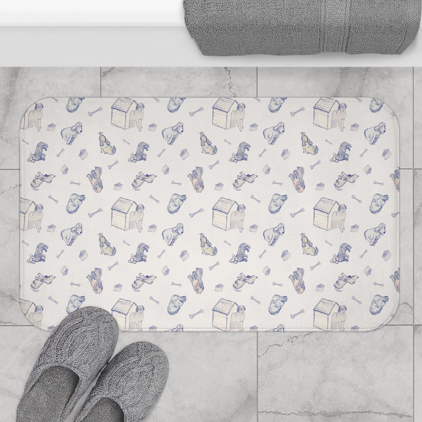 Blue Dog On Cream Scatter Bath Mat
