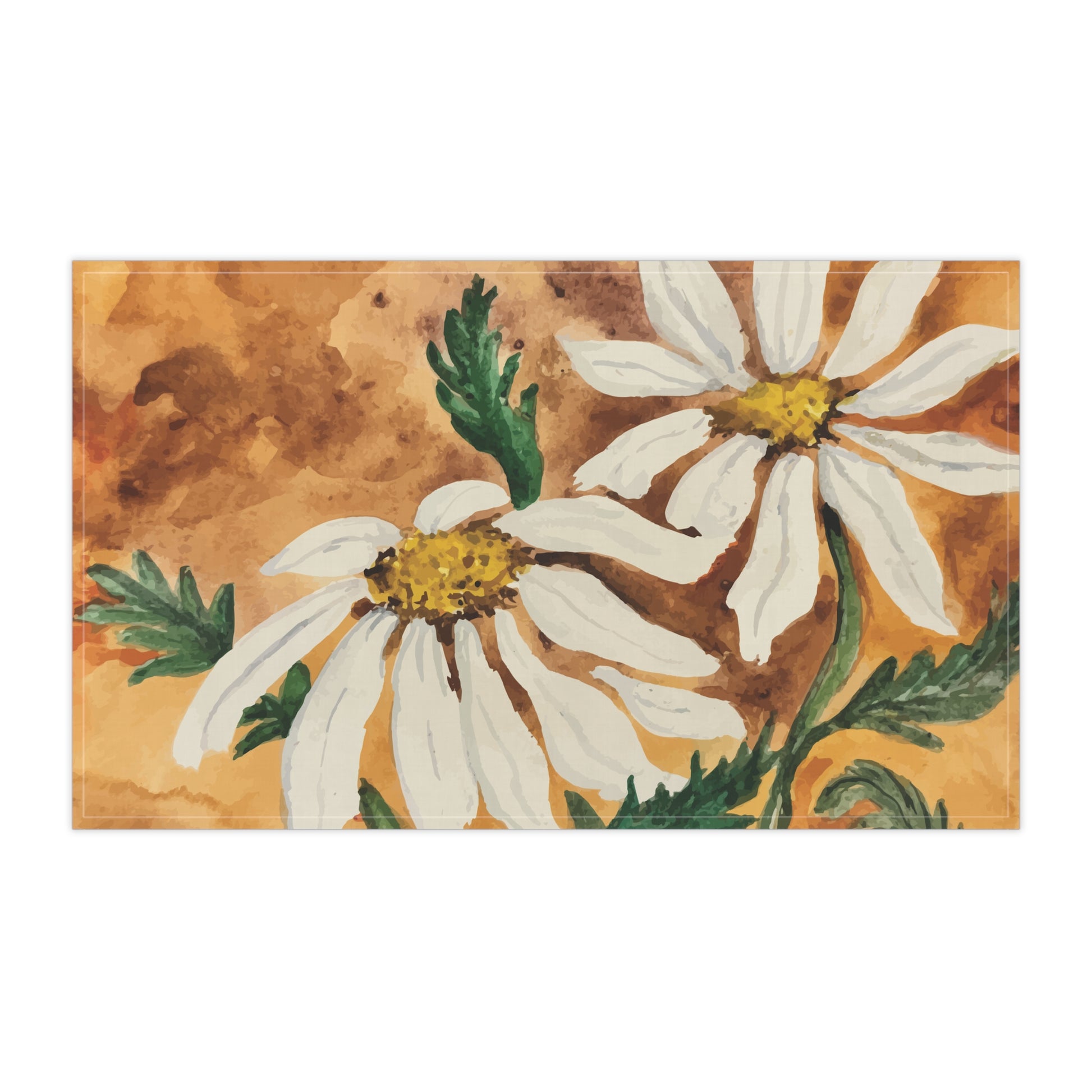Watercolor daisy tea towel with white petals and golden centers on a warm orange background, displayed hanging in a bright kitchen.