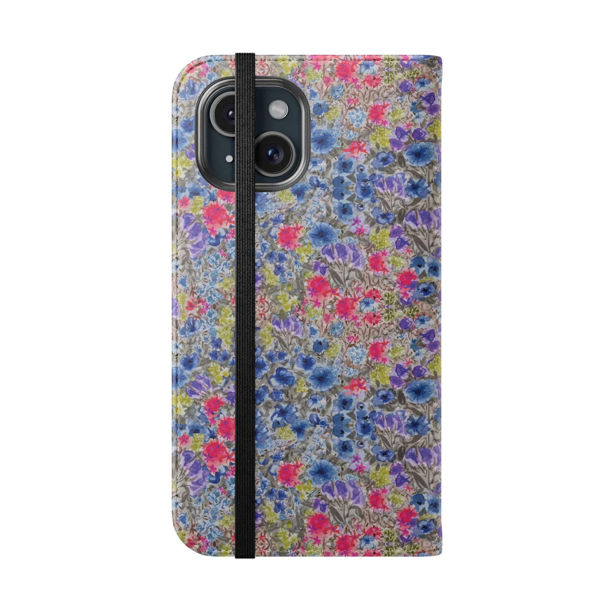 Blue wildflower floral flip phone case with watercolor botanical pattern.