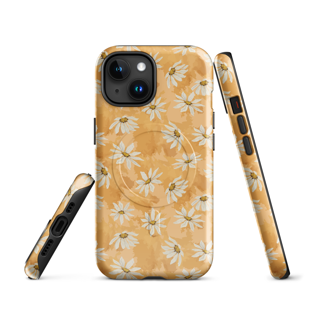 Phone case with white daisy pattern on a warm multi tone peach background