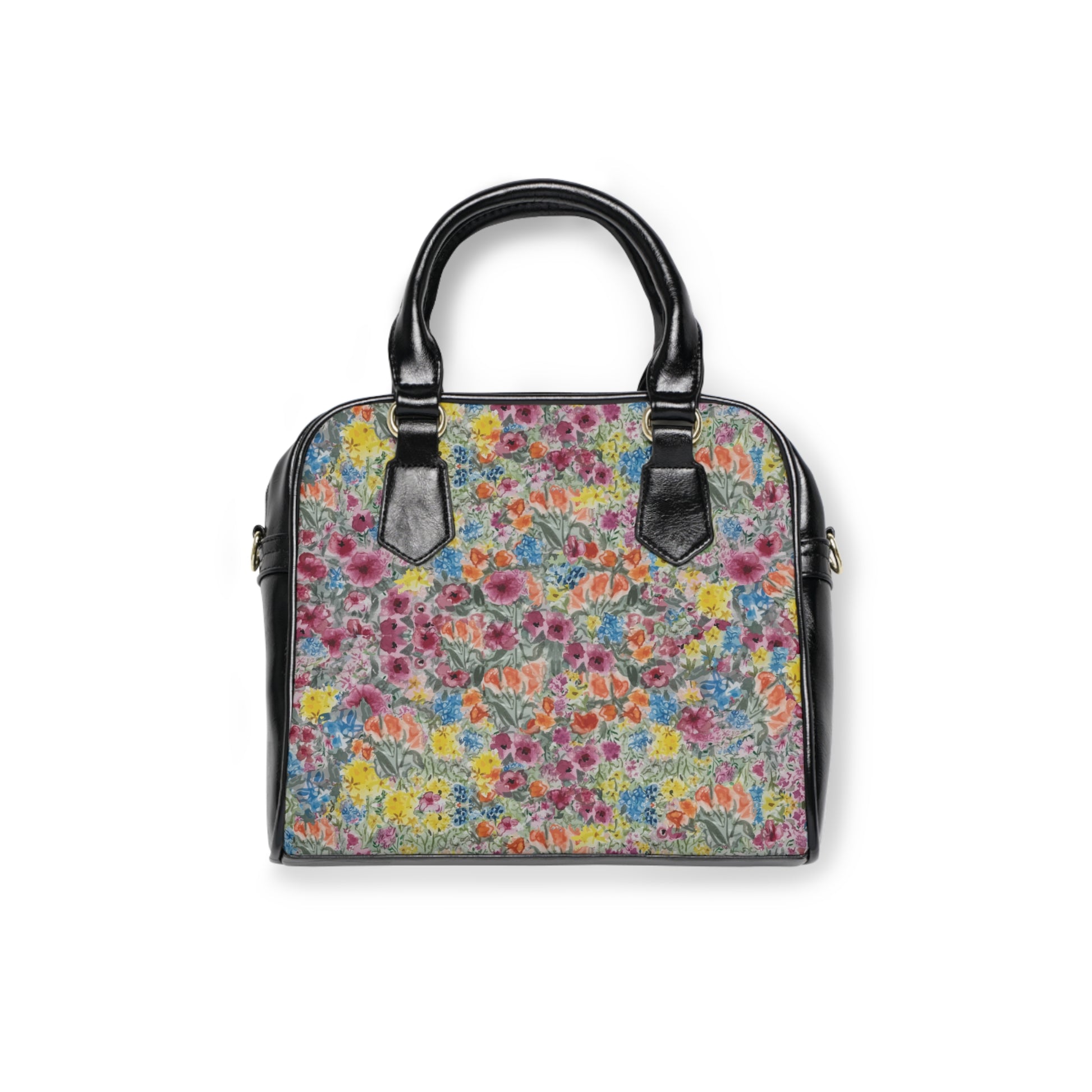 Watercolor wildflower handbag with colorful floral meadow pattern and black leather handles