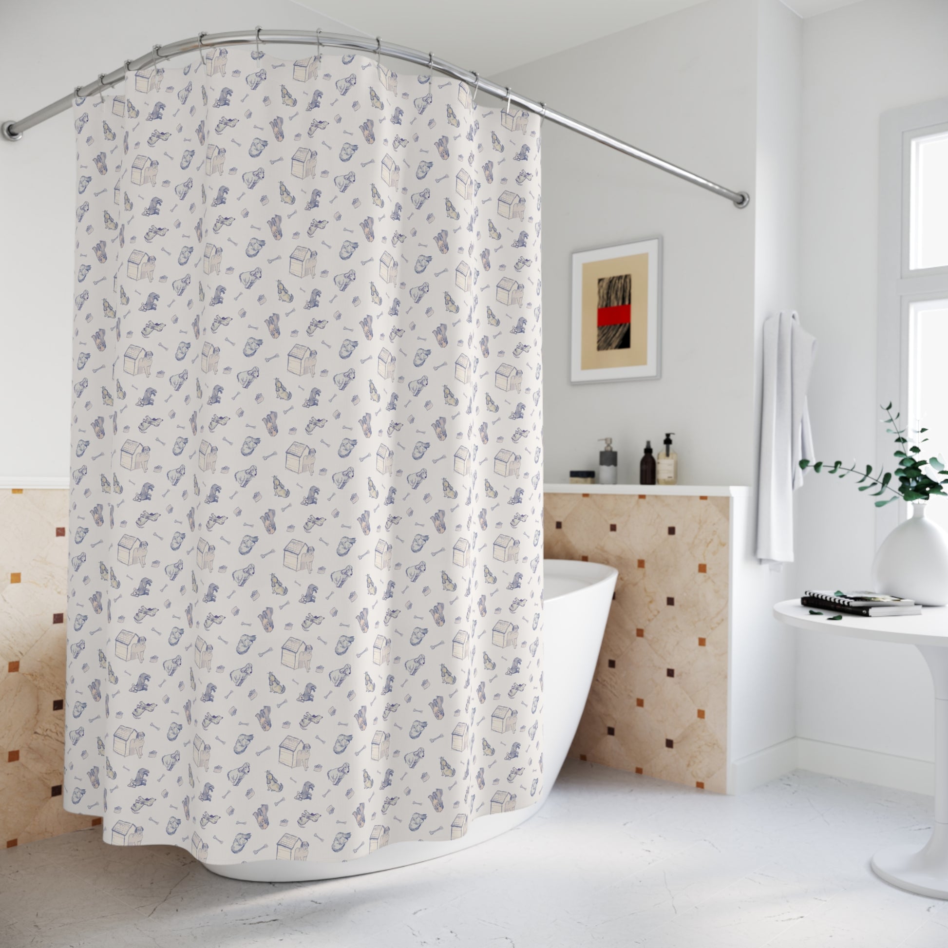 Blue and cream dog-themed shower curtain featuring a repeating hand-drawn pattern of puppies, dog houses, bones, and pet accessories on a soft neutral background in a bright, modern bathroom.