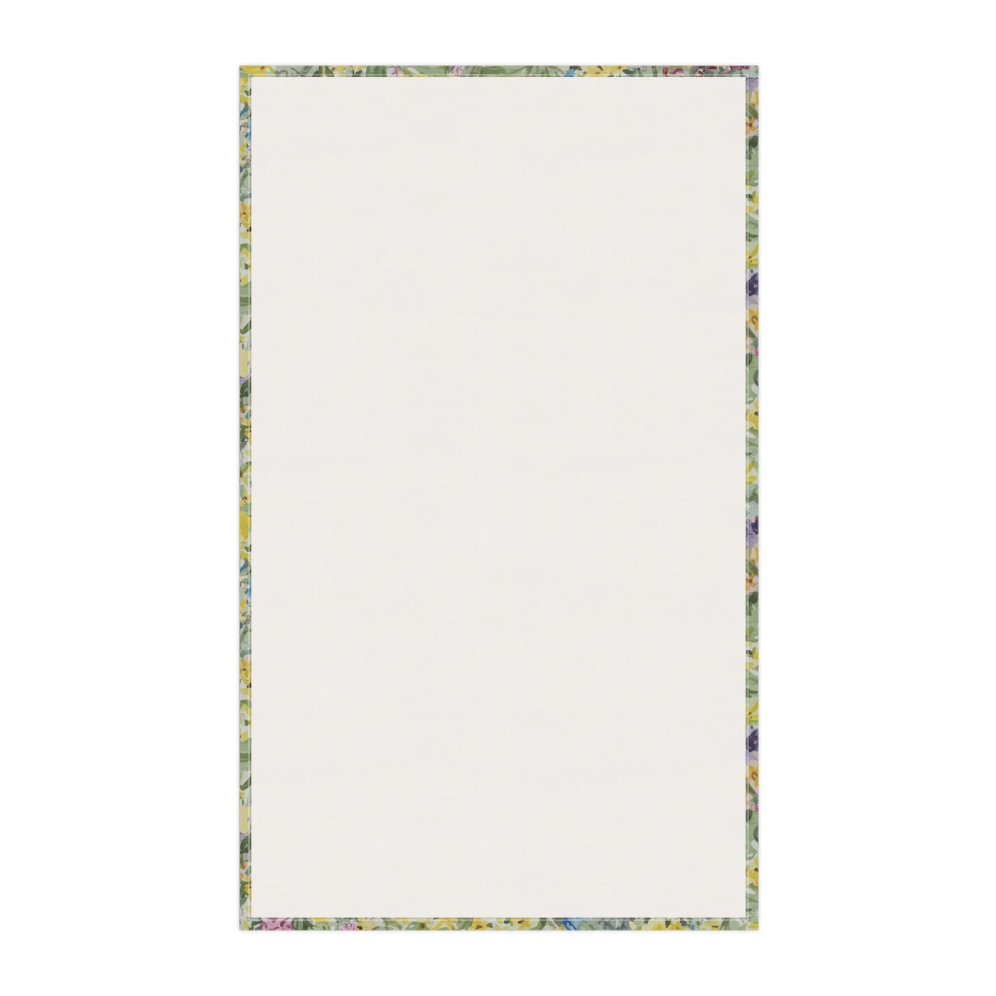 Back of Watercolor wildflower tea towel featuring yellow, blue, and pink floral meadow pattern 
