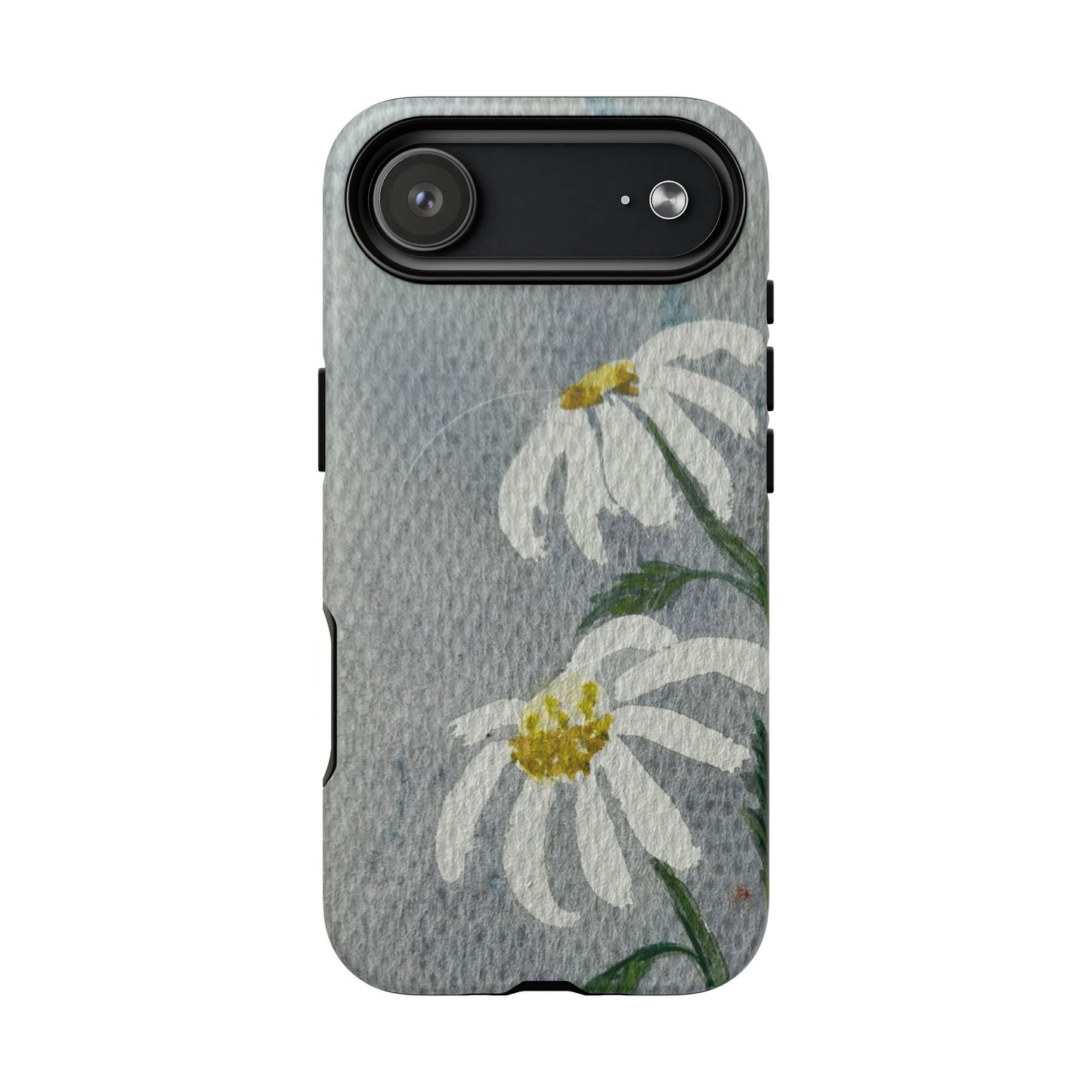 Phone case with floral design on a textured gray background
