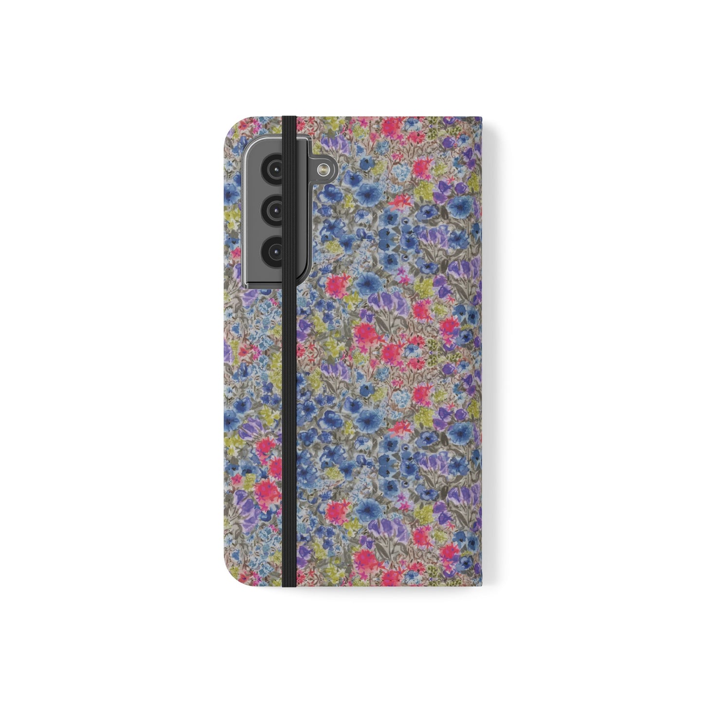 Blue wildflower floral flip phone case with watercolor botanical pattern.