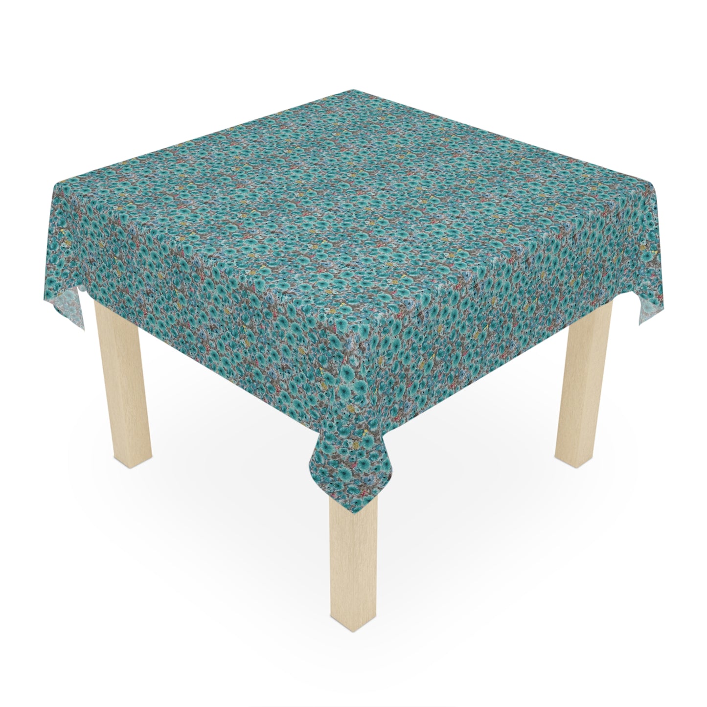modern floral tablecloth with teal blooms and organic composition