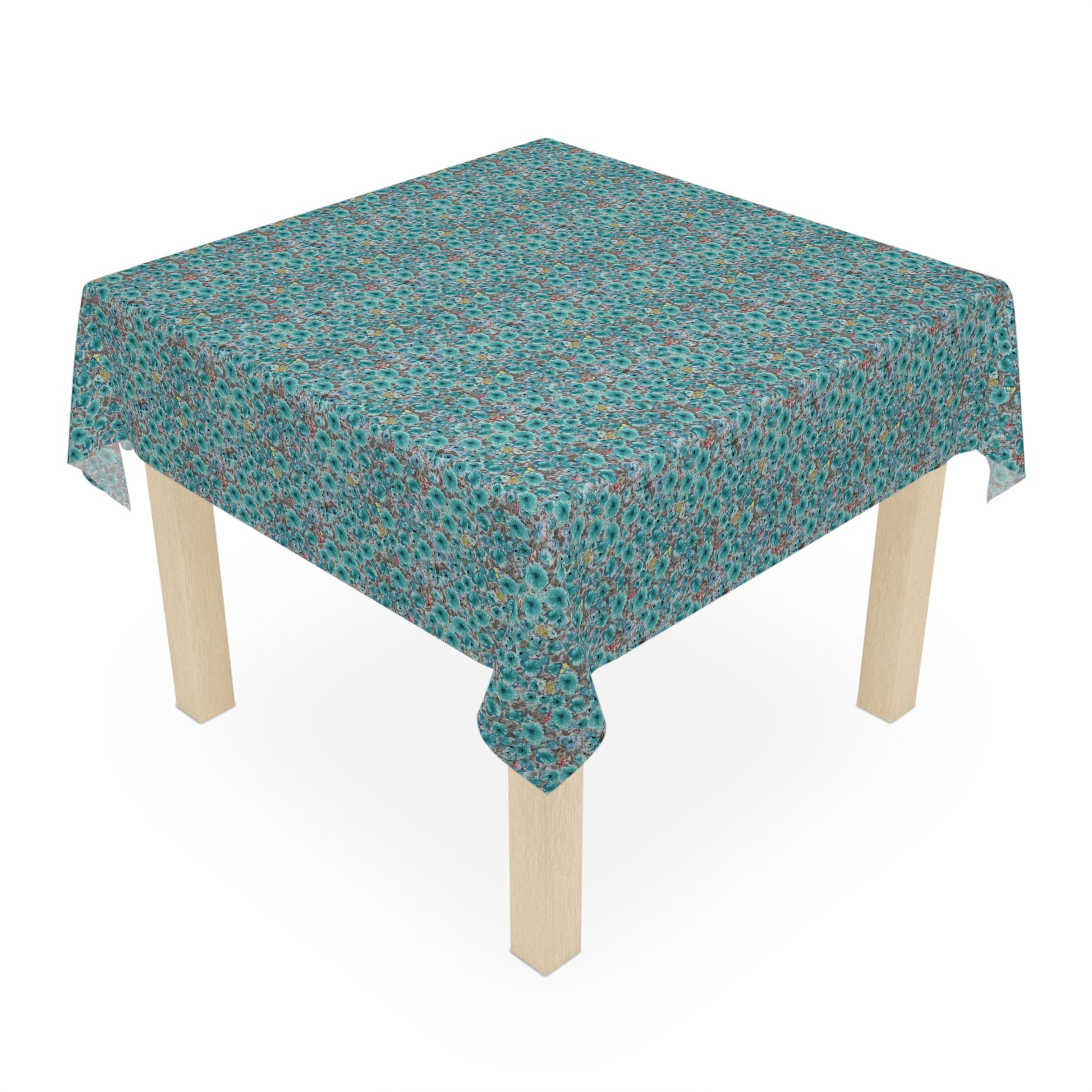 modern floral tablecloth with teal blooms and organic composition