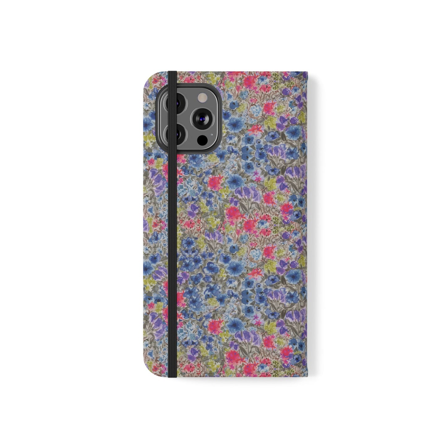 Blue wildflower floral flip phone case with watercolor botanical pattern.