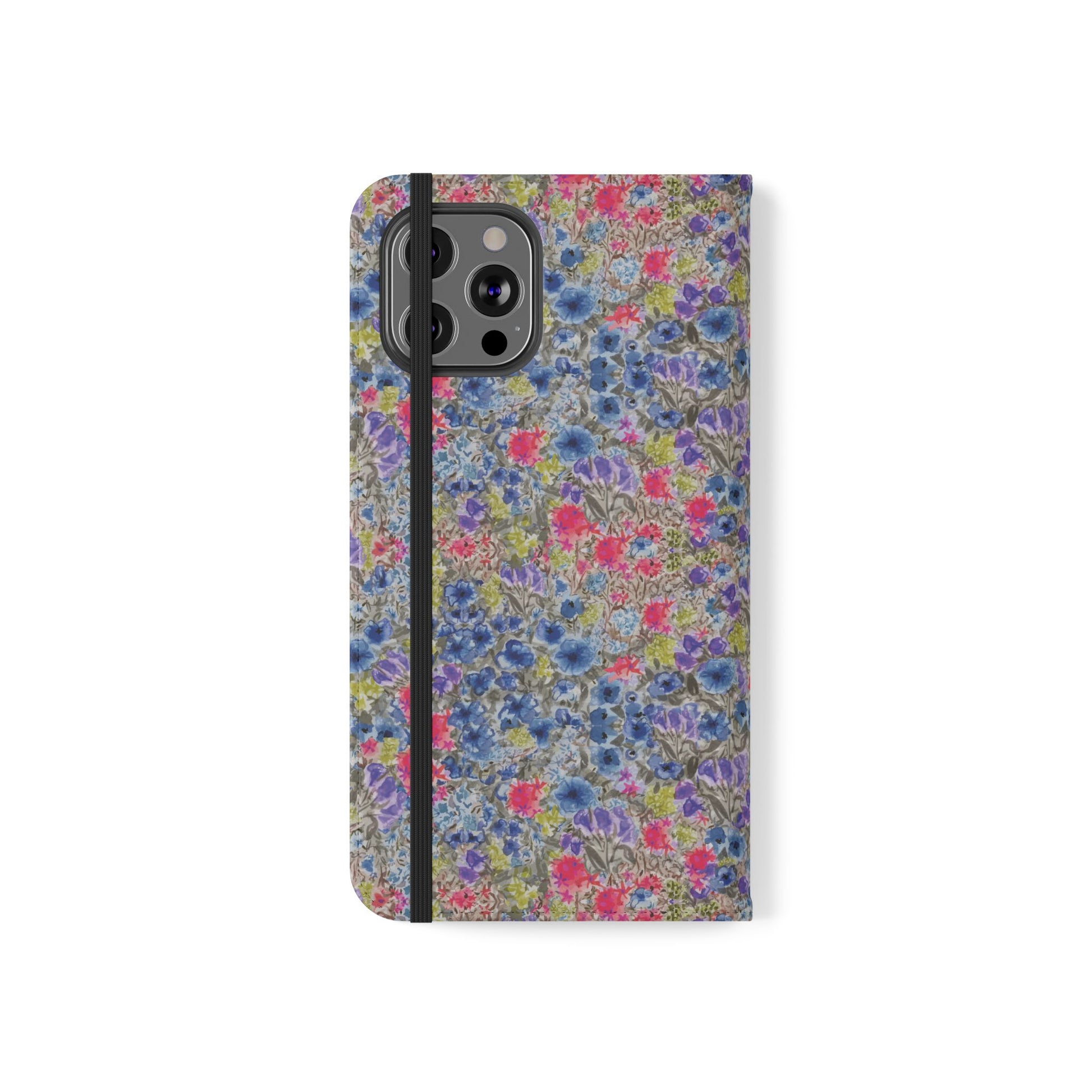Blue wildflower floral flip phone case with watercolor botanical pattern.