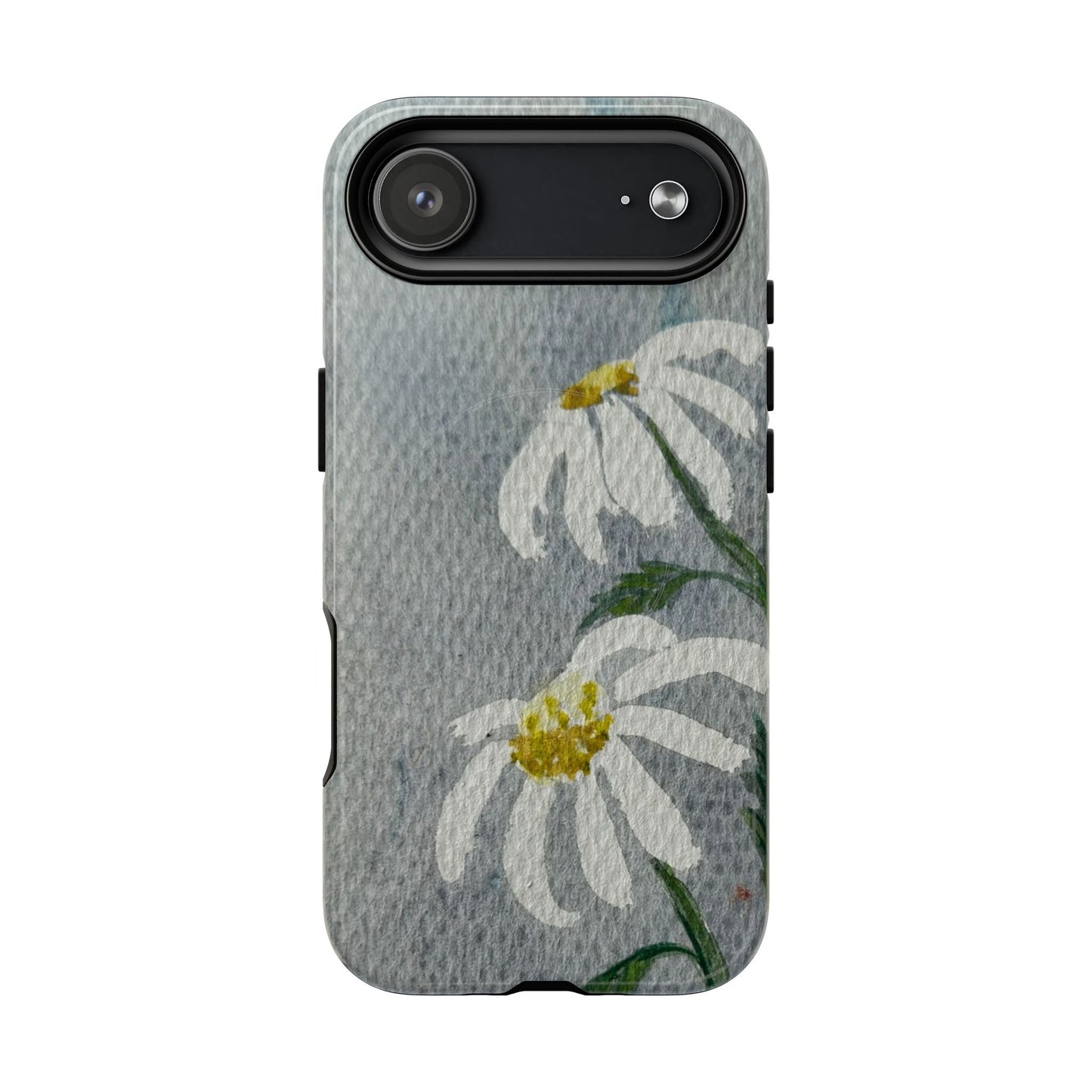 Phone case with floral design on a textured gray background