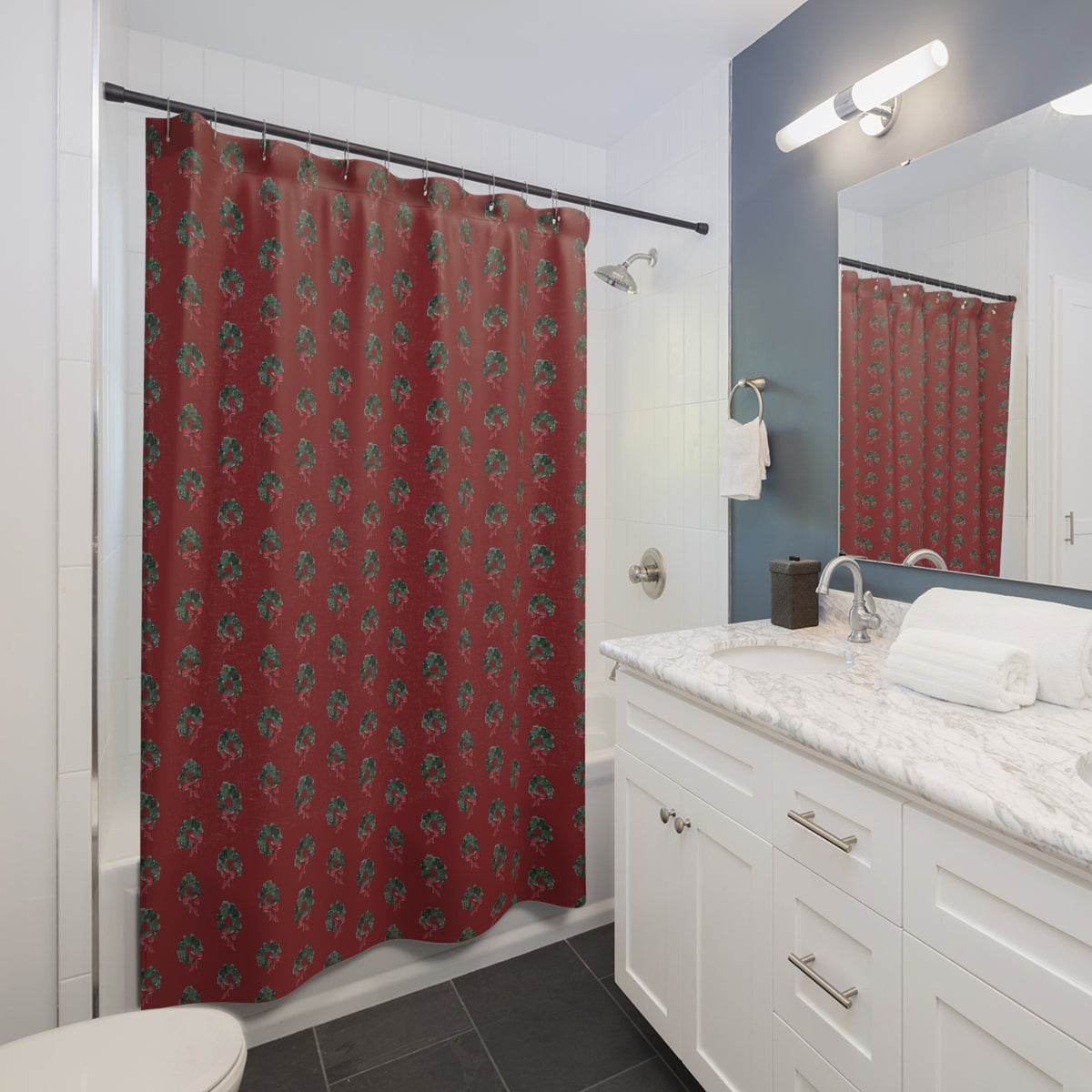 Evergreen Wreath Christmas Shower Curtain – Red — in a bathroom