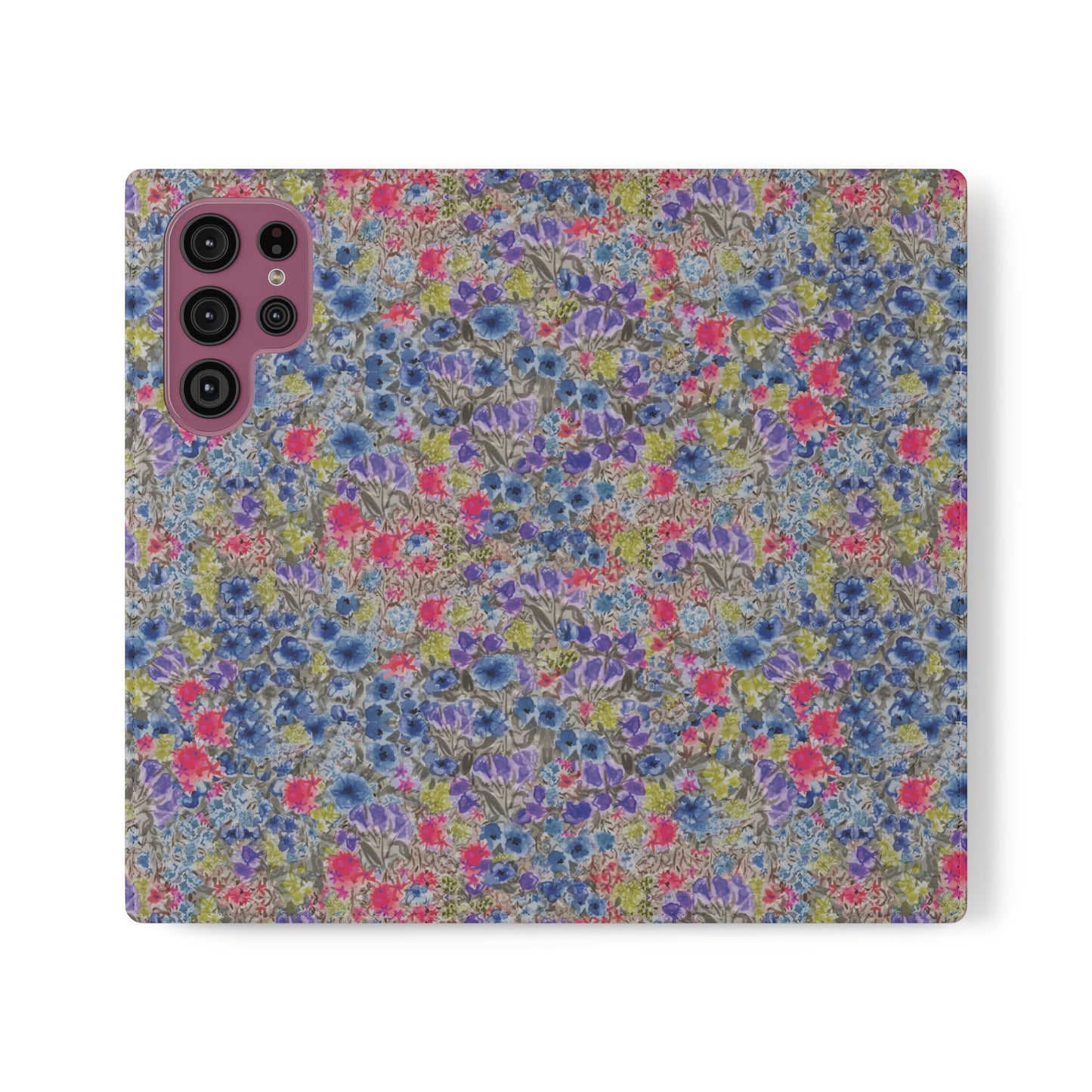 Blue watercolor wildflower wallet phone case featuring vibrant floral meadow artwork with pink and purple blossoms.