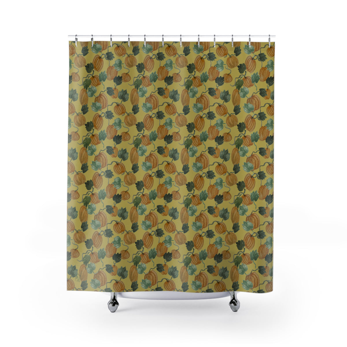 Shower curtain with hand-painted pumpkins and curling vines in muted orange and sage on warm ocher
