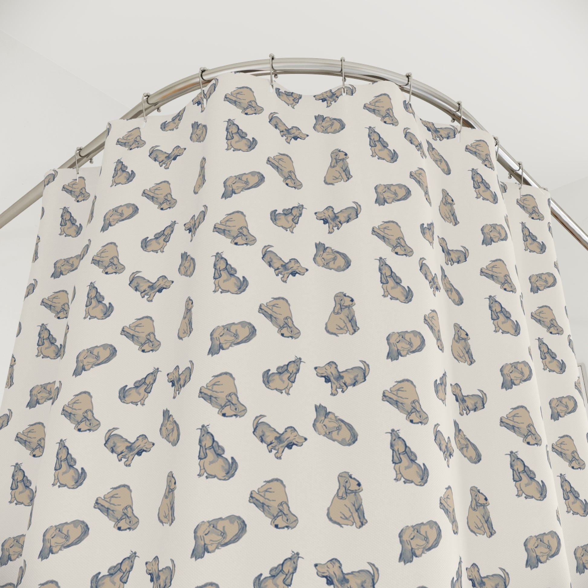Shower curtain with a pattern of small Watercolor painted dogs on a beige background
