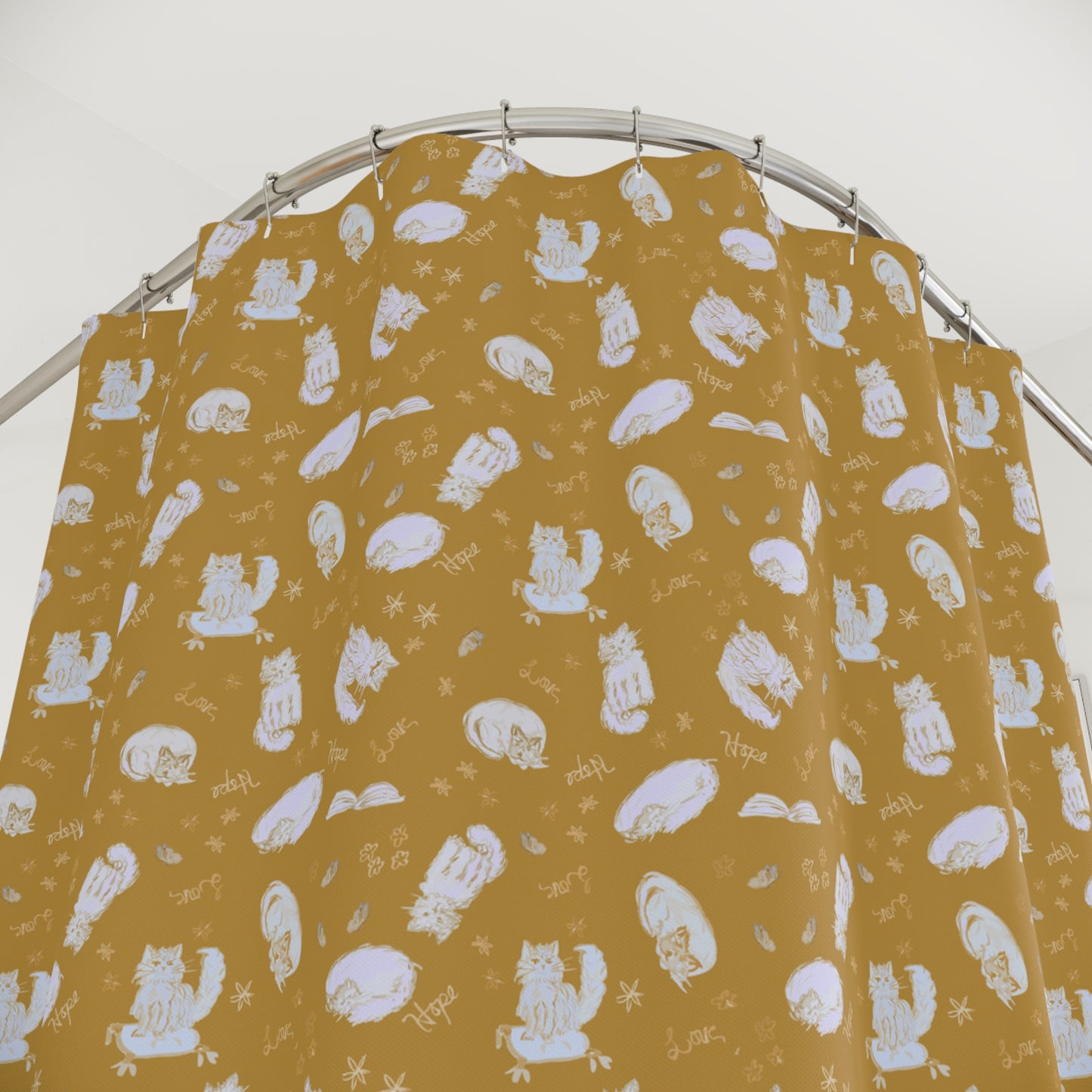 Mustard yellow cat-themed shower curtain featuring a cozy repeating pattern of sleeping and fluffy cats, books, stars, leaves, and handwritten details in soft white on a warm golden background, perfect for cozy cat lover bathroom décor.