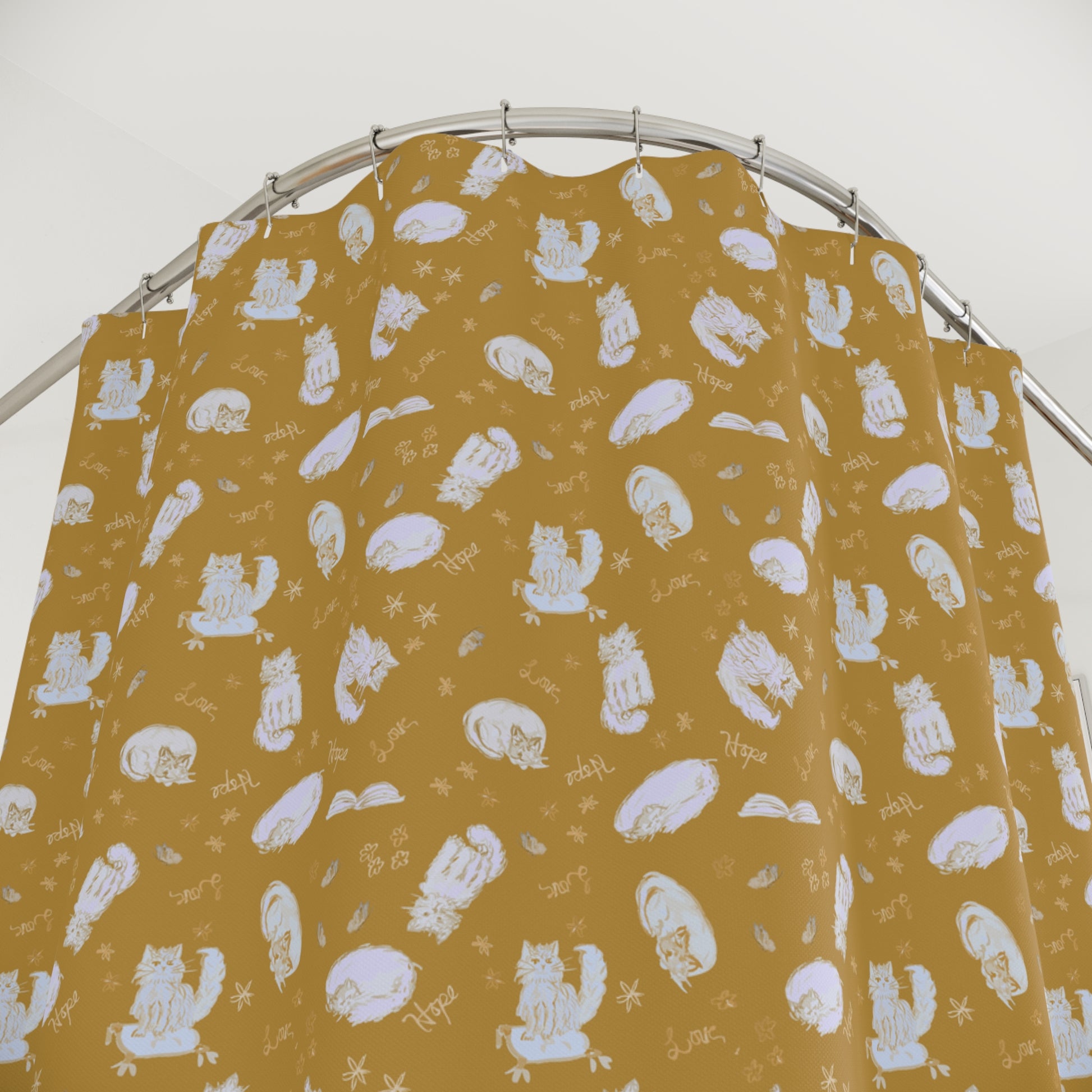 Mustard yellow cat-themed shower curtain featuring a cozy repeating pattern of sleeping and fluffy cats, books, stars, leaves, and handwritten details in soft white on a warm golden background, perfect for cozy cat lover bathroom décor.