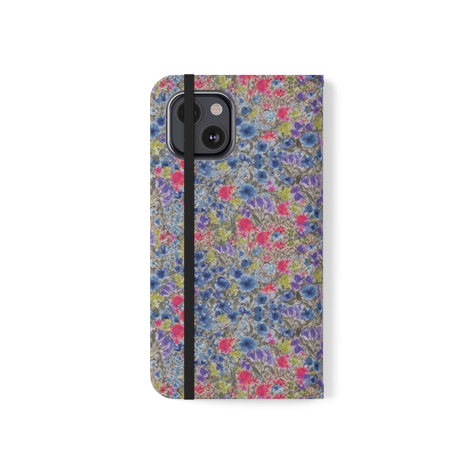 Blue wildflower floral flip phone case with watercolor botanical pattern.
