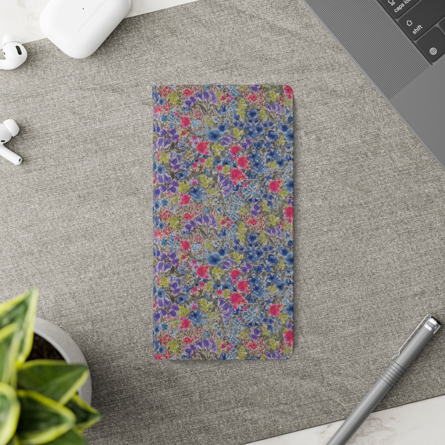 Blue wildflower floral flip phone case with watercolor botanical pattern.