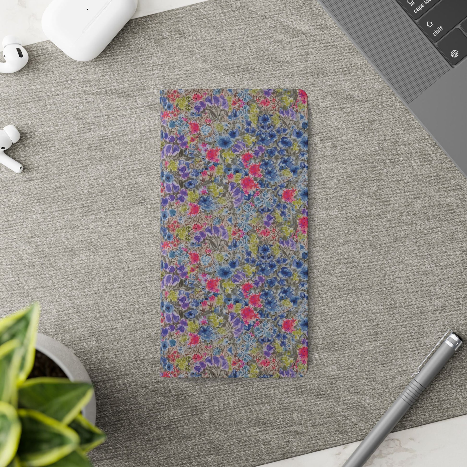 Blue wildflower floral flip phone case with watercolor botanical pattern.