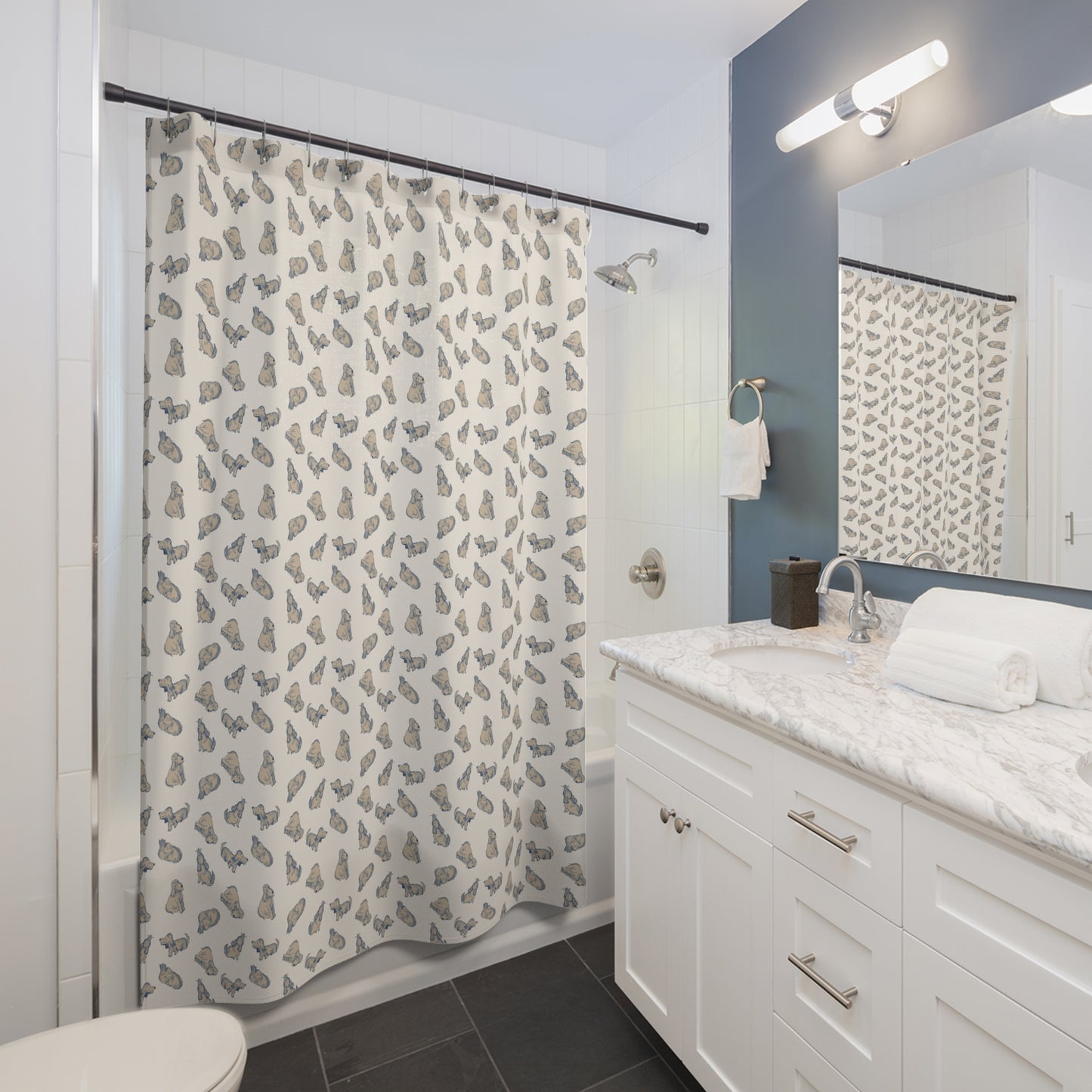 Shower curtain with a pattern of small Watercolor painted dogs on a beige background