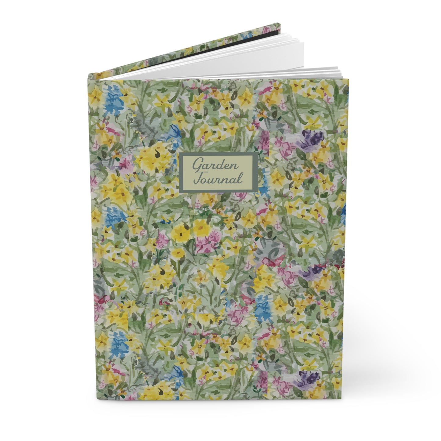 Floral Fields garden journal with watercolor wildflower pattern in green yellow and pink tones matte hardcover notebook