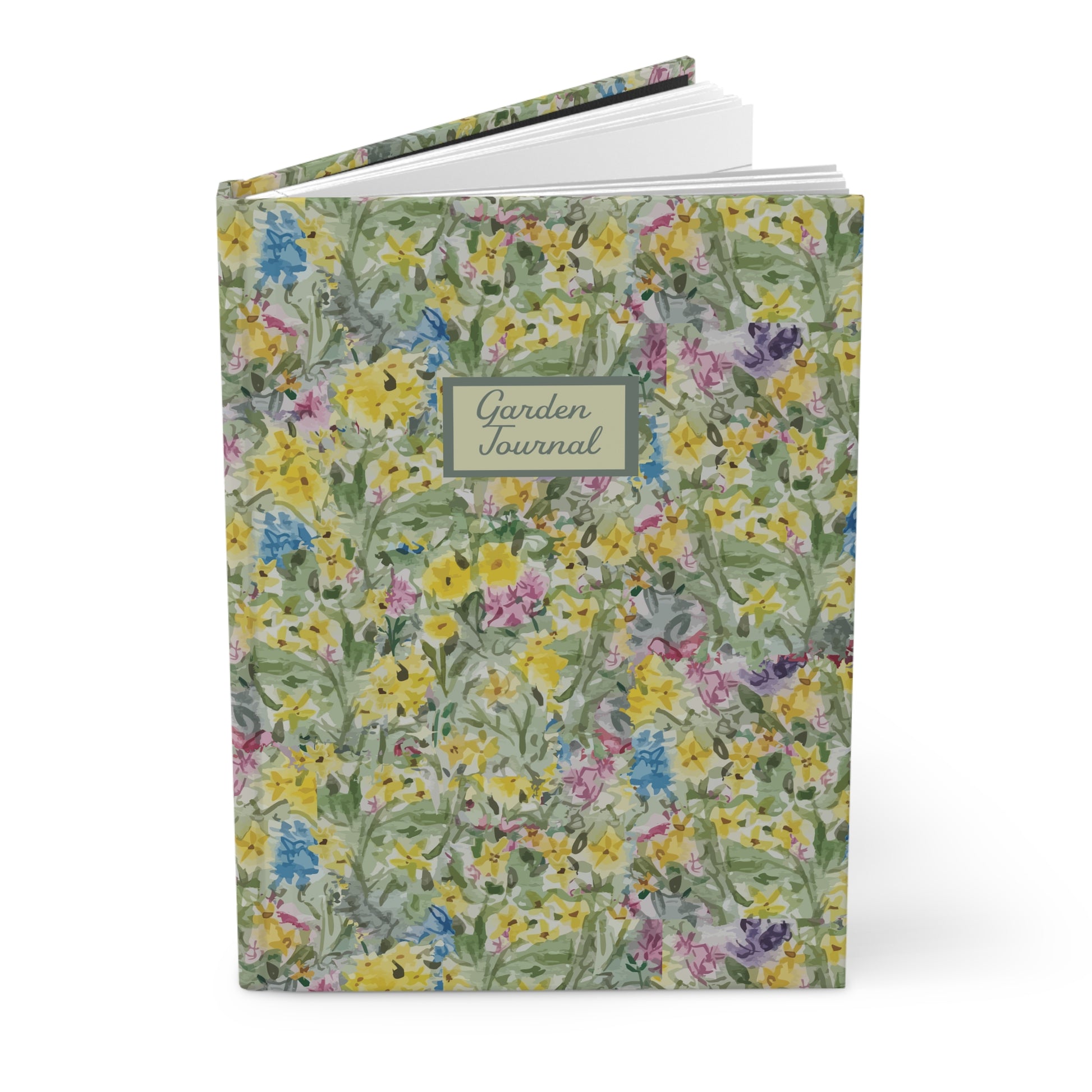Floral Fields garden journal with watercolor wildflower pattern in green yellow and pink tones matte hardcover notebook