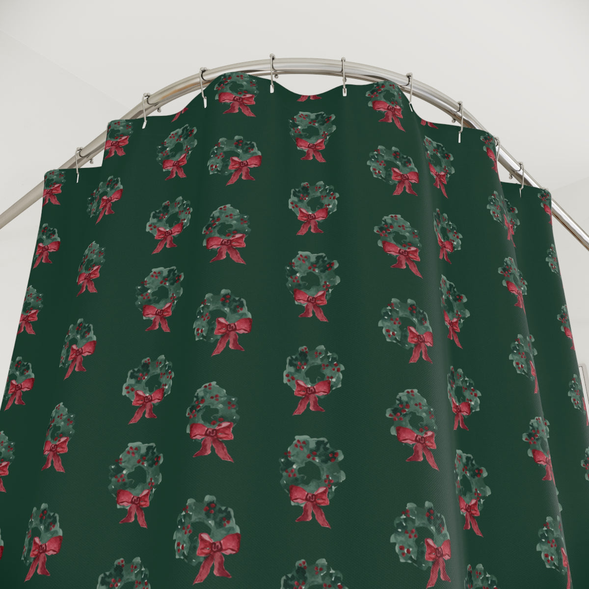 Evergreen Wreath Christmas Shower Curtain – Dark Green — hanging, full view