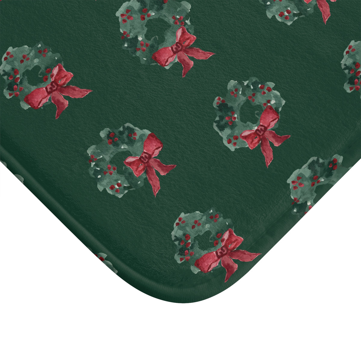 Evergreen Wreath Christmas Bath Mat – Dark Green — close-up of the pattern