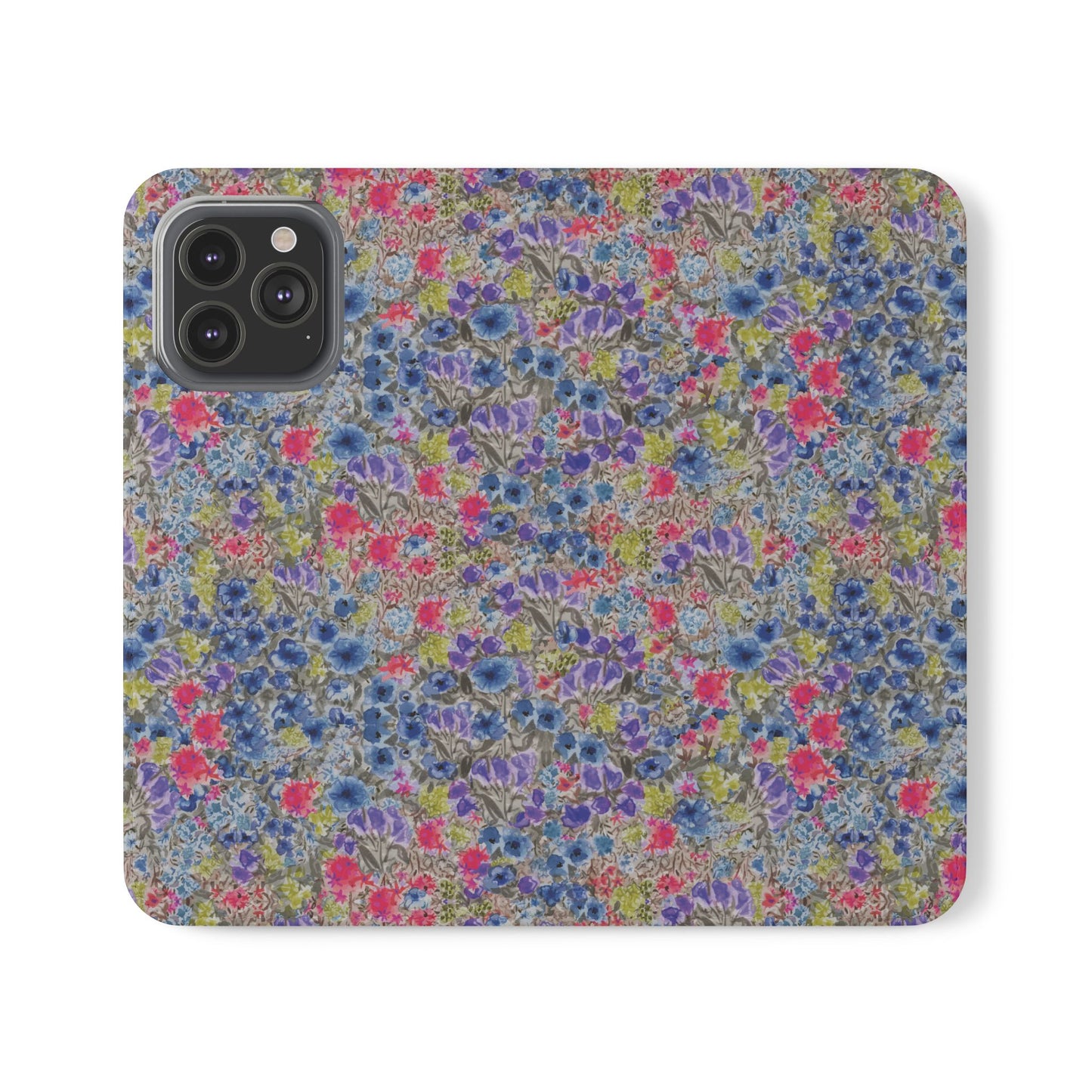 Blue watercolor wildflower wallet phone case featuring vibrant floral meadow artwork with pink and purple blossoms.