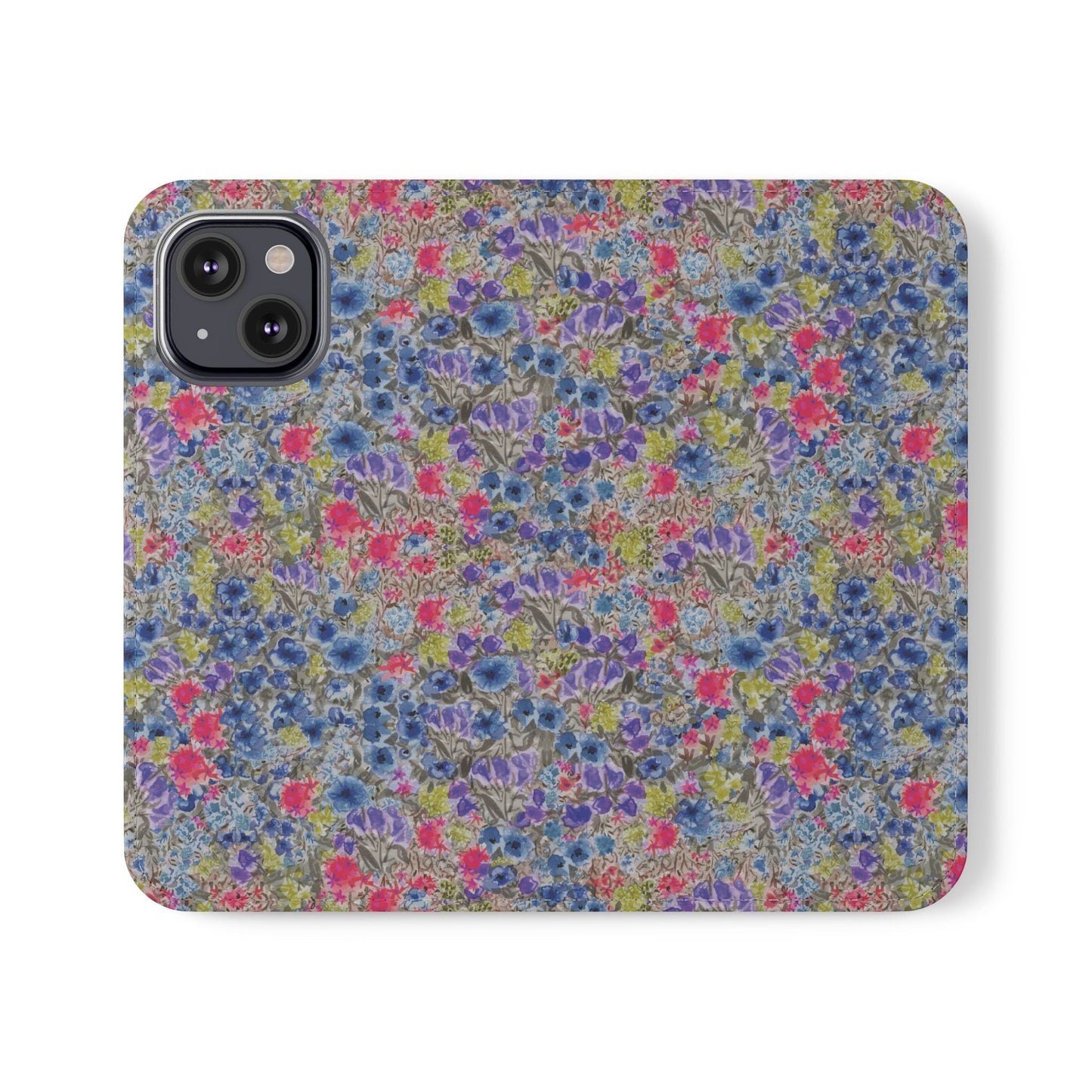 Blue watercolor wildflower wallet phone case featuring vibrant floral meadow artwork with pink and purple blossoms.
